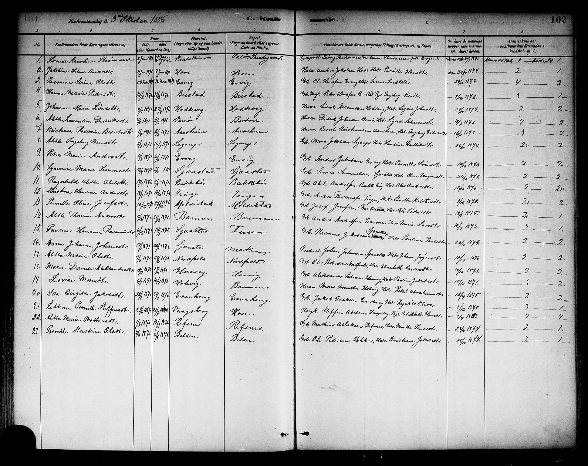 Selje sokneprestembete, AV/SAB-A-99938/H/Ha/Haa/Haab: Parish register (official) no. B 1, 1881-1890, p. 102