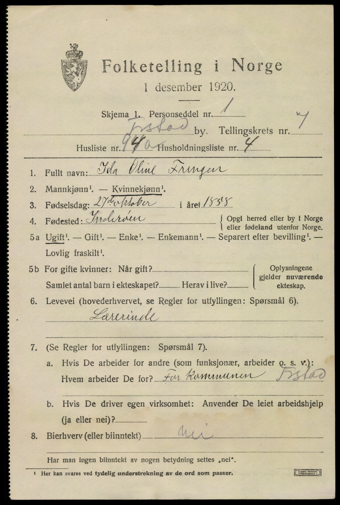 SAO, 1920 census for Fredrikstad, 1920, p. 23525