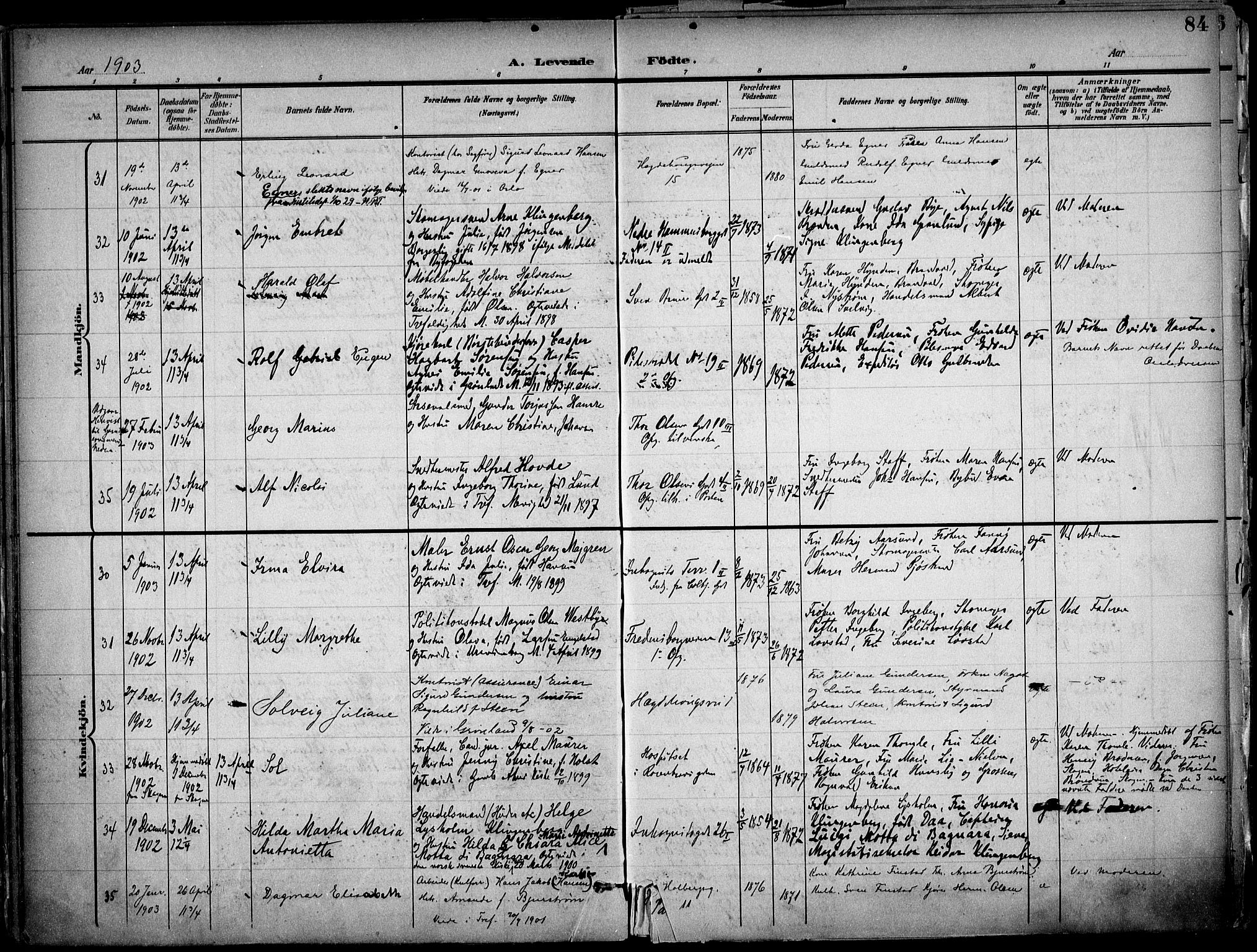 Trefoldighet prestekontor Kirkebøker, AV/SAO-A-10882/F/Fa/L0007: Parish register (official) no. I 7, 1900-1914, p. 84