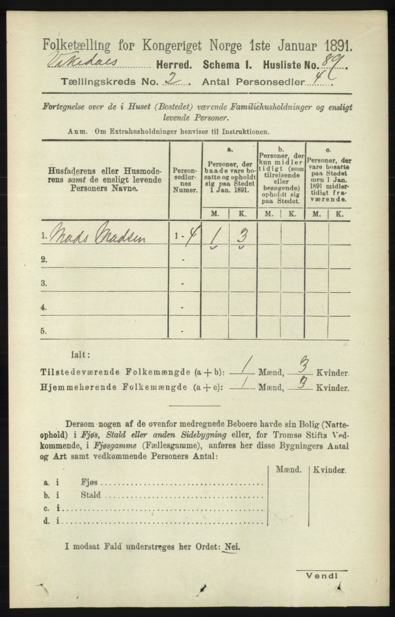 RA, 1891 census for 1157 Vikedal, 1891, p. 284