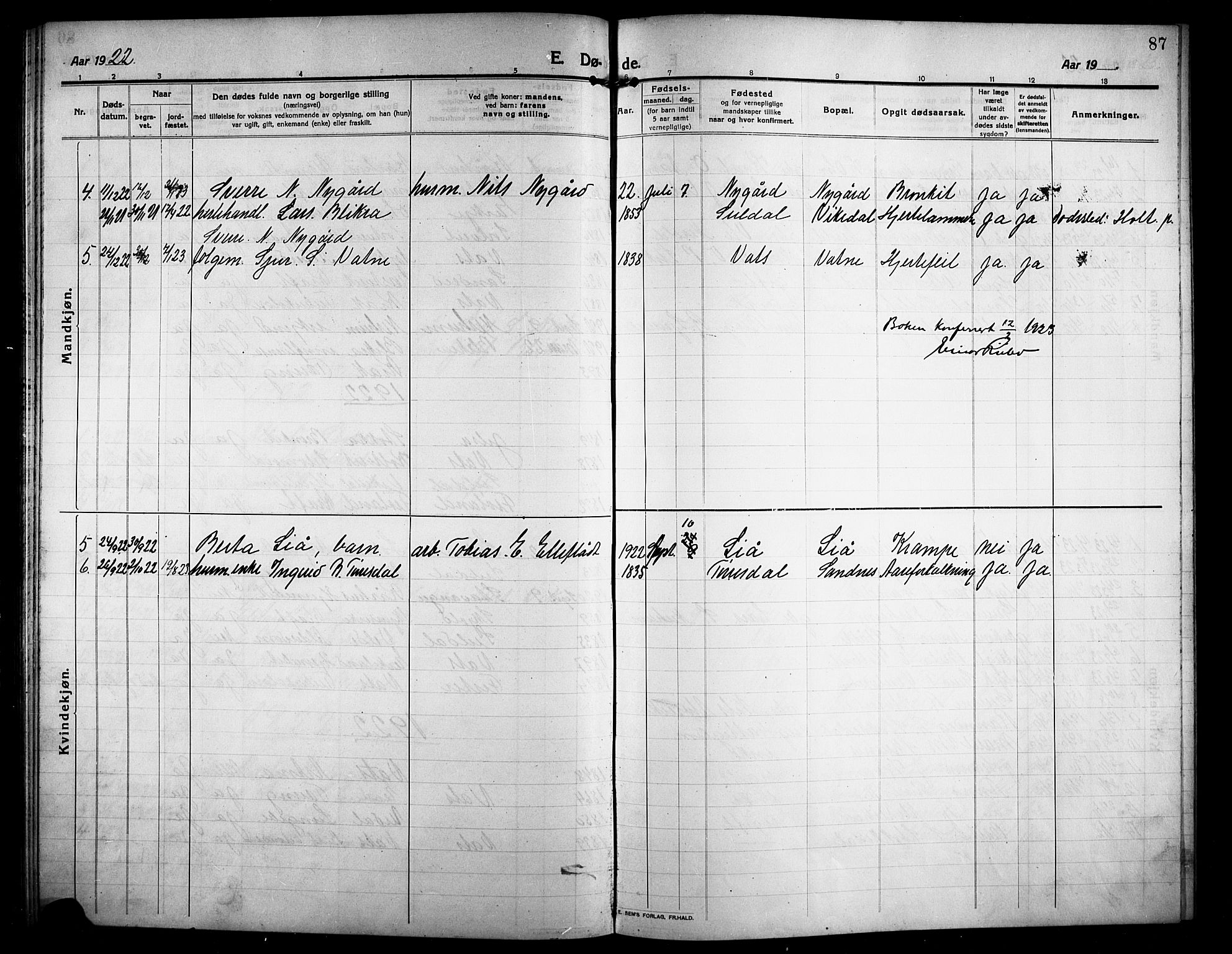 Skjold sokneprestkontor, SAST/A-101847/H/Ha/Hab/L0009: Parish register (copy) no. B 9, 1914-1925, p. 87