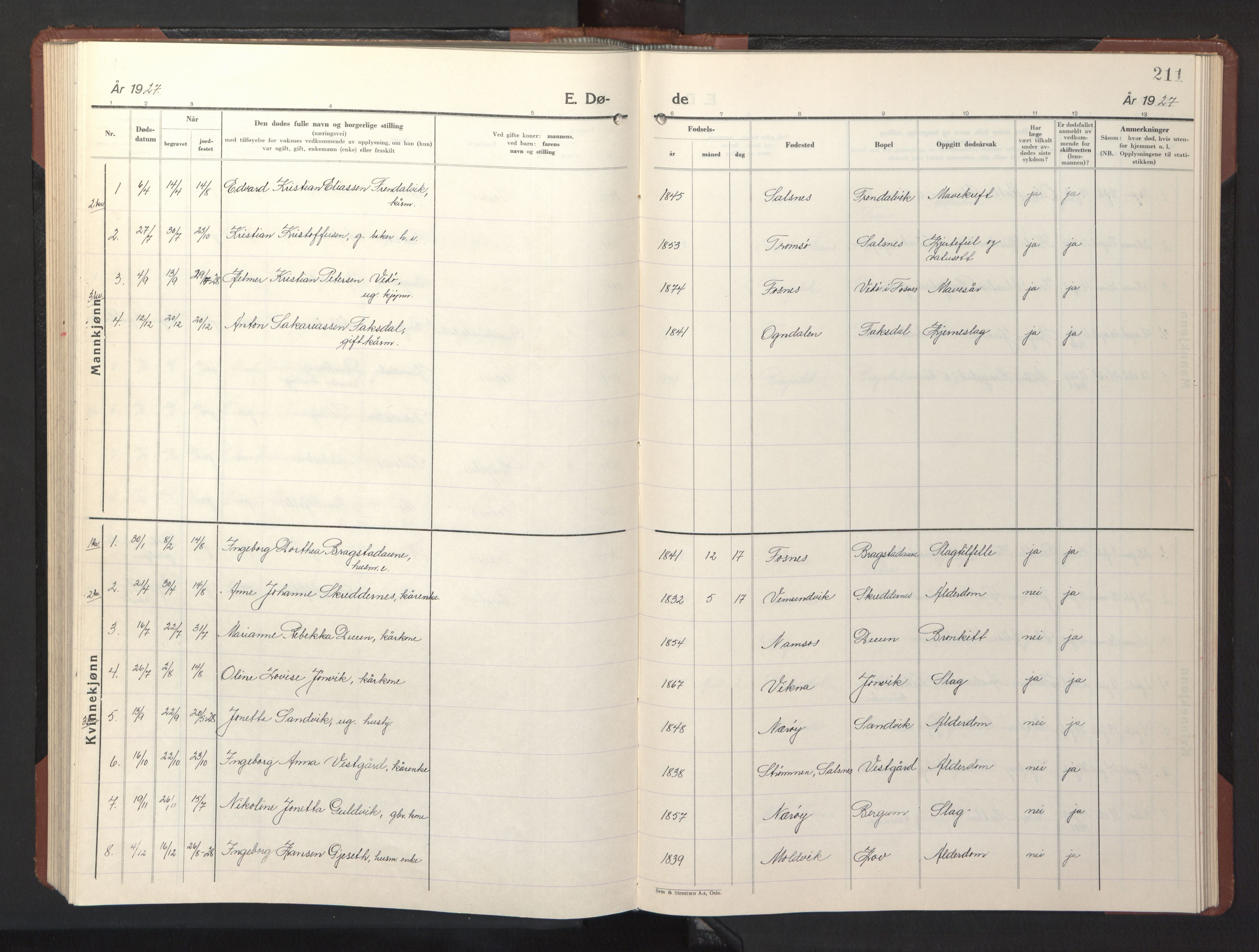 Ministerialprotokoller, klokkerbøker og fødselsregistre - Nord-Trøndelag, SAT/A-1458/773/L0625: Parish register (copy) no. 773C01, 1910-1952, p. 211