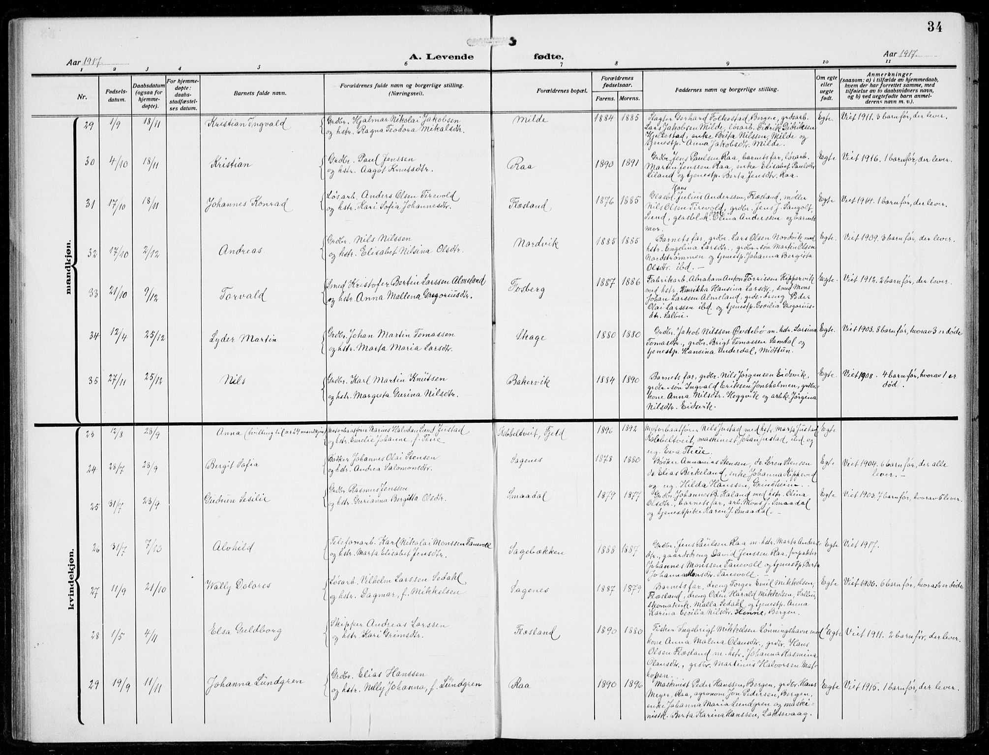 Fana Sokneprestembete, AV/SAB-A-75101/H/Hab/Haba/L0005: Parish register (copy) no. A 5, 1911-1932, p. 34