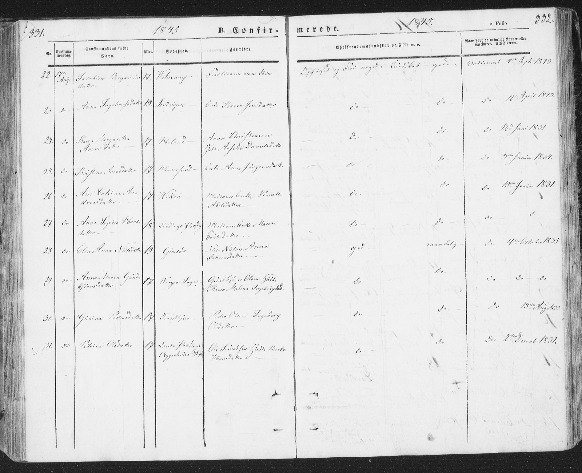 Ministerialprotokoller, klokkerbøker og fødselsregistre - Nordland, AV/SAT-A-1459/874/L1072: Parish register (copy) no. 874C01, 1843-1859, p. 331-332