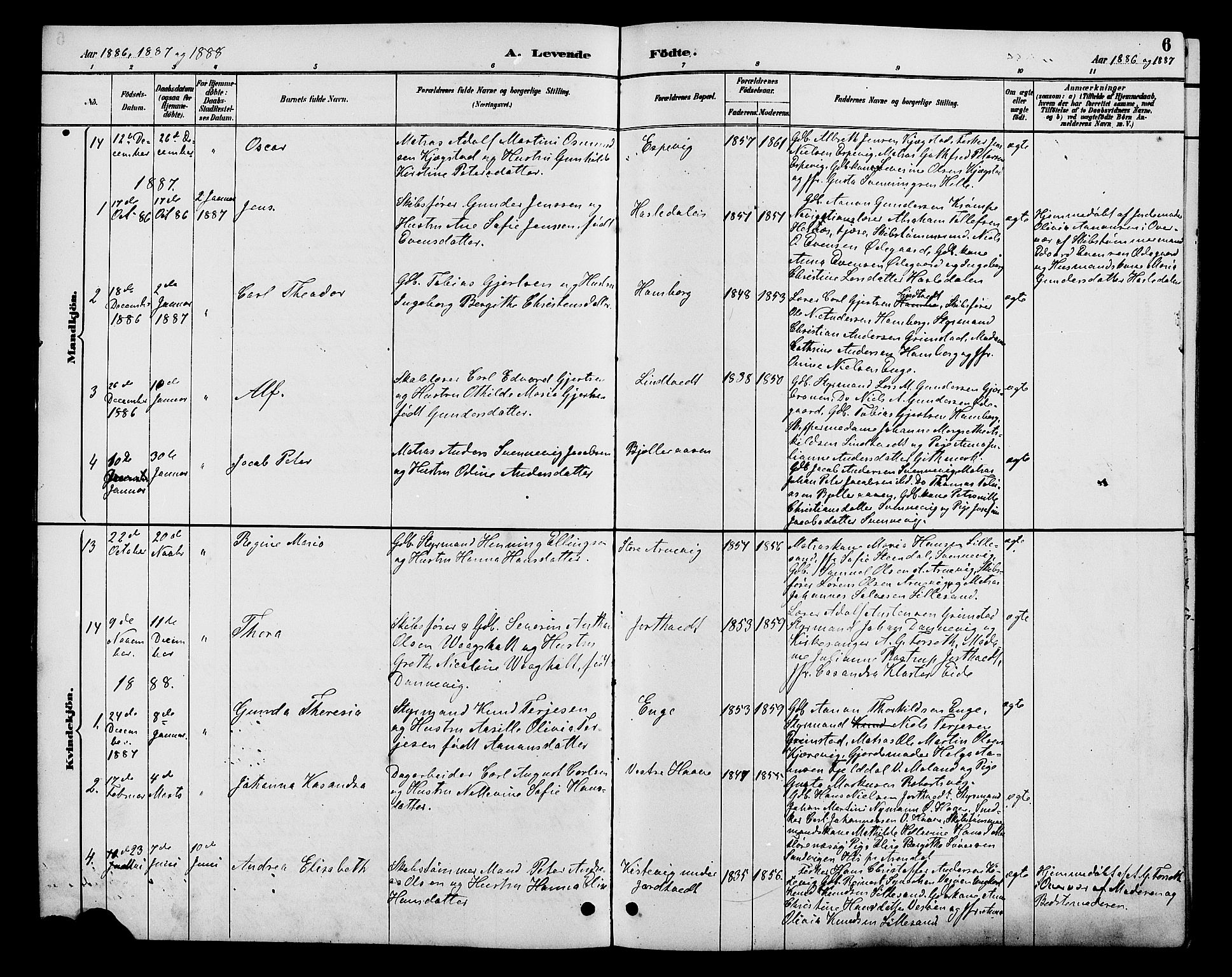 Hommedal sokneprestkontor, SAK/1111-0023/F/Fb/Fba/L0004: Parish register (copy) no. B 4, 1885-1908, p. 6