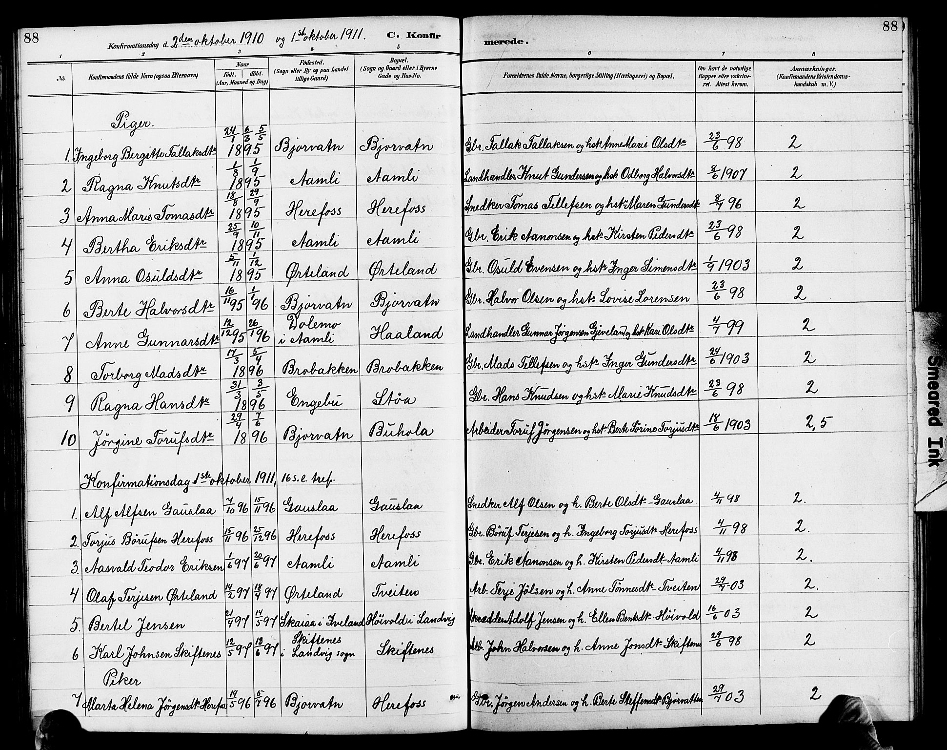 Herefoss sokneprestkontor, AV/SAK-1111-0019/F/Fb/Fba/L0003: Parish register (copy) no. B 3, 1887-1925, p. 88