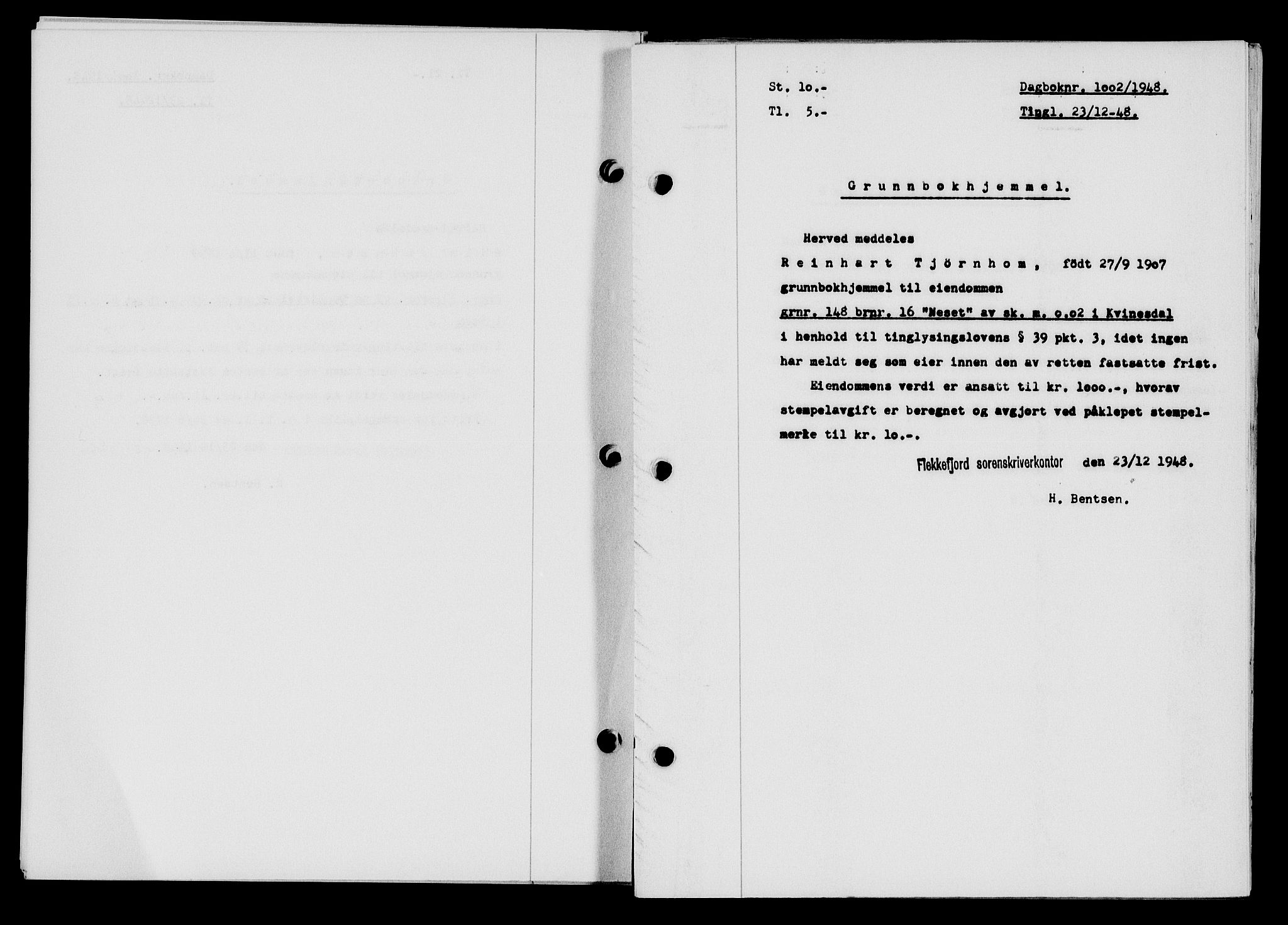 Flekkefjord sorenskriveri, SAK/1221-0001/G/Gb/Gba/L0064: Mortgage book no. A-12, 1948-1949, Diary no: : 1002/1948