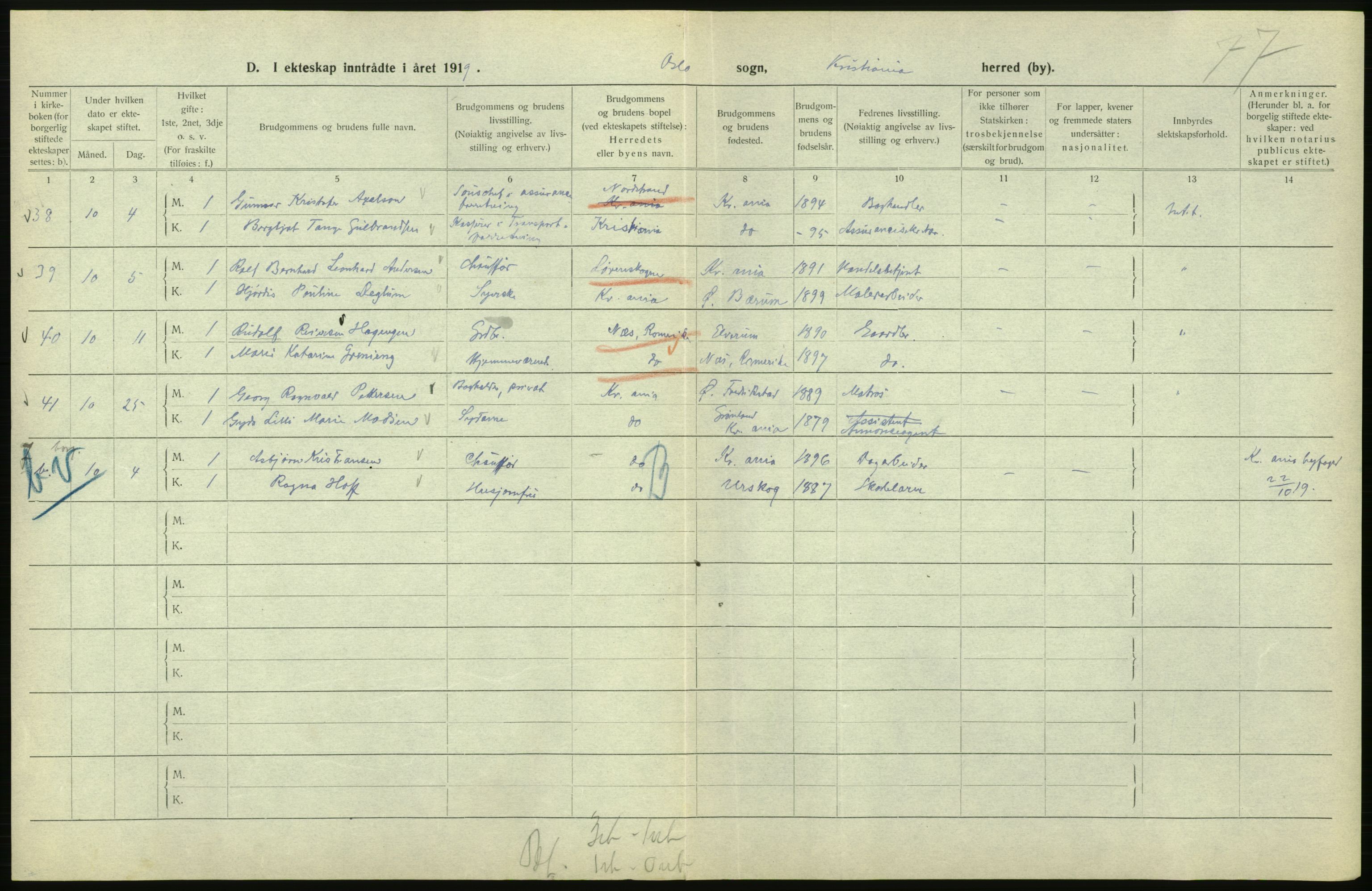 Statistisk sentralbyrå, Sosiodemografiske emner, Befolkning, AV/RA-S-2228/D/Df/Dfb/Dfbi/L0009: Kristiania: Gifte, 1919, p. 494