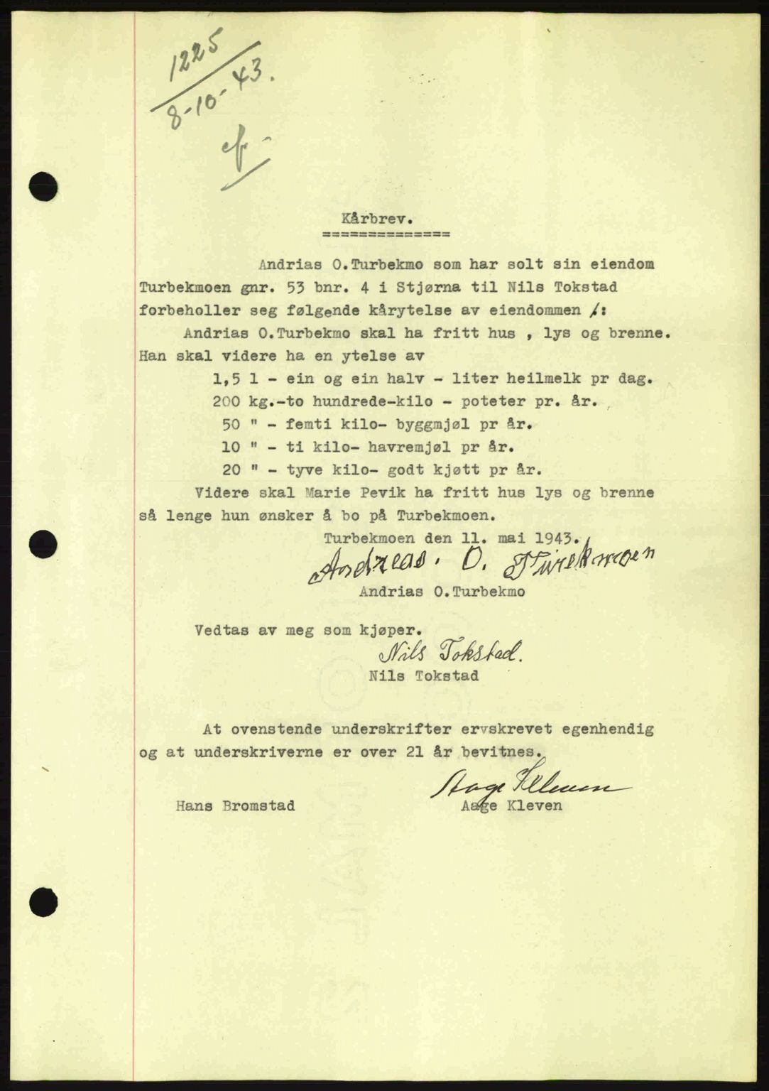 Fosen sorenskriveri, AV/SAT-A-1107/1/2/2C: Mortgage book no. A2, 1942-1943, Diary no: : 1225/1943
