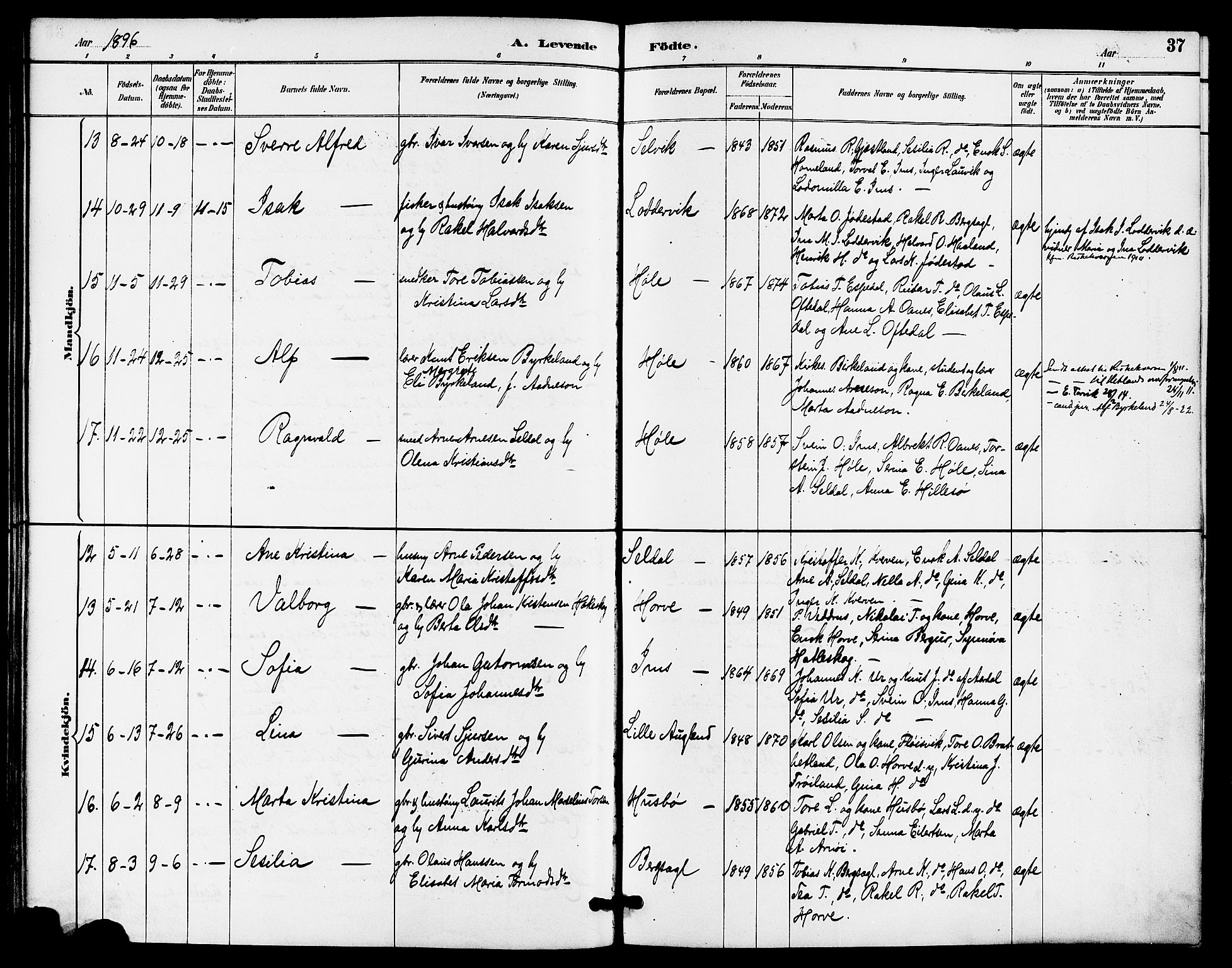 Høgsfjord sokneprestkontor, AV/SAST-A-101624/H/Ha/Haa/L0005: Parish register (official) no. A 5, 1885-1897, p. 37