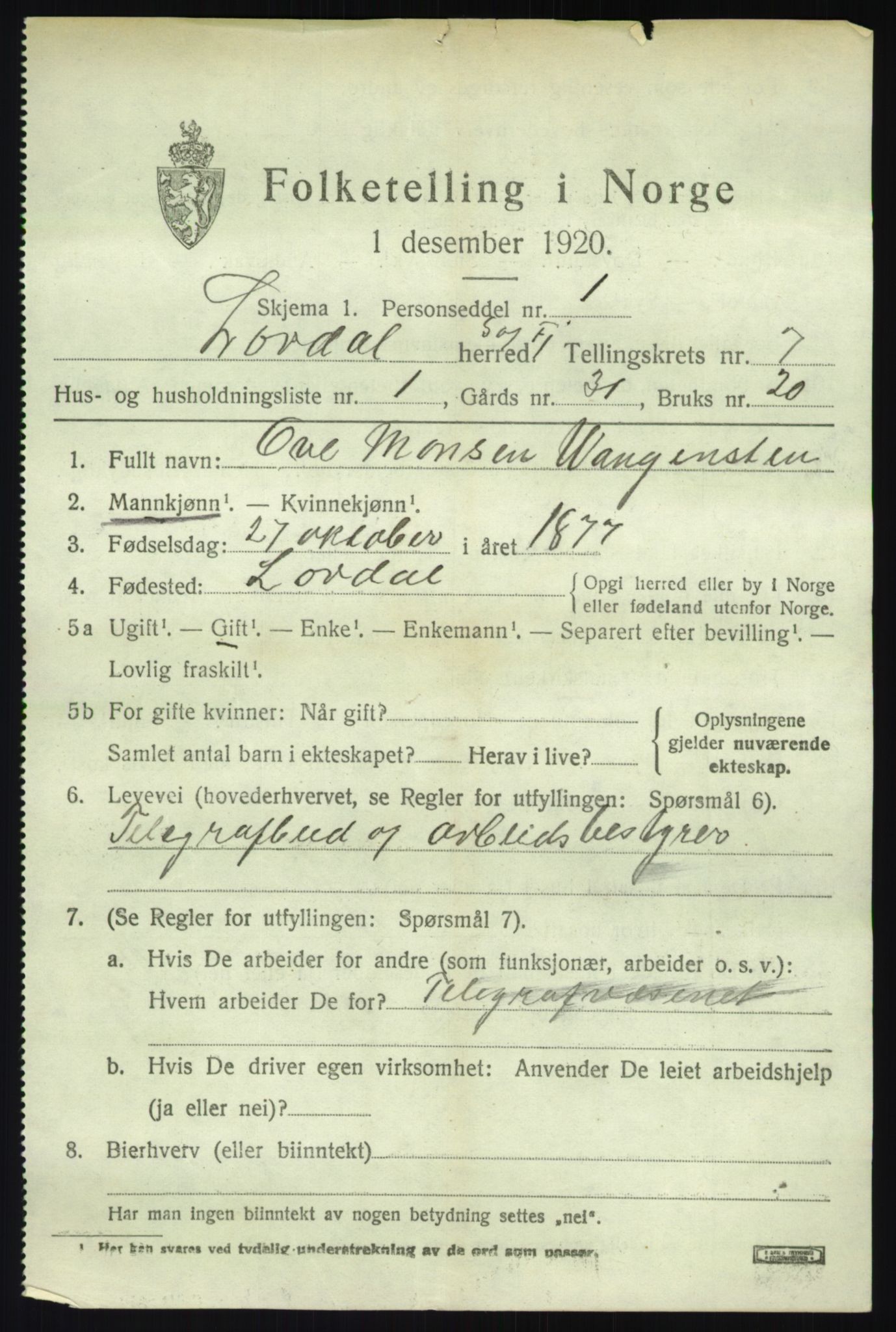 SAB, 1920 census for Lærdal, 1920, p. 3170