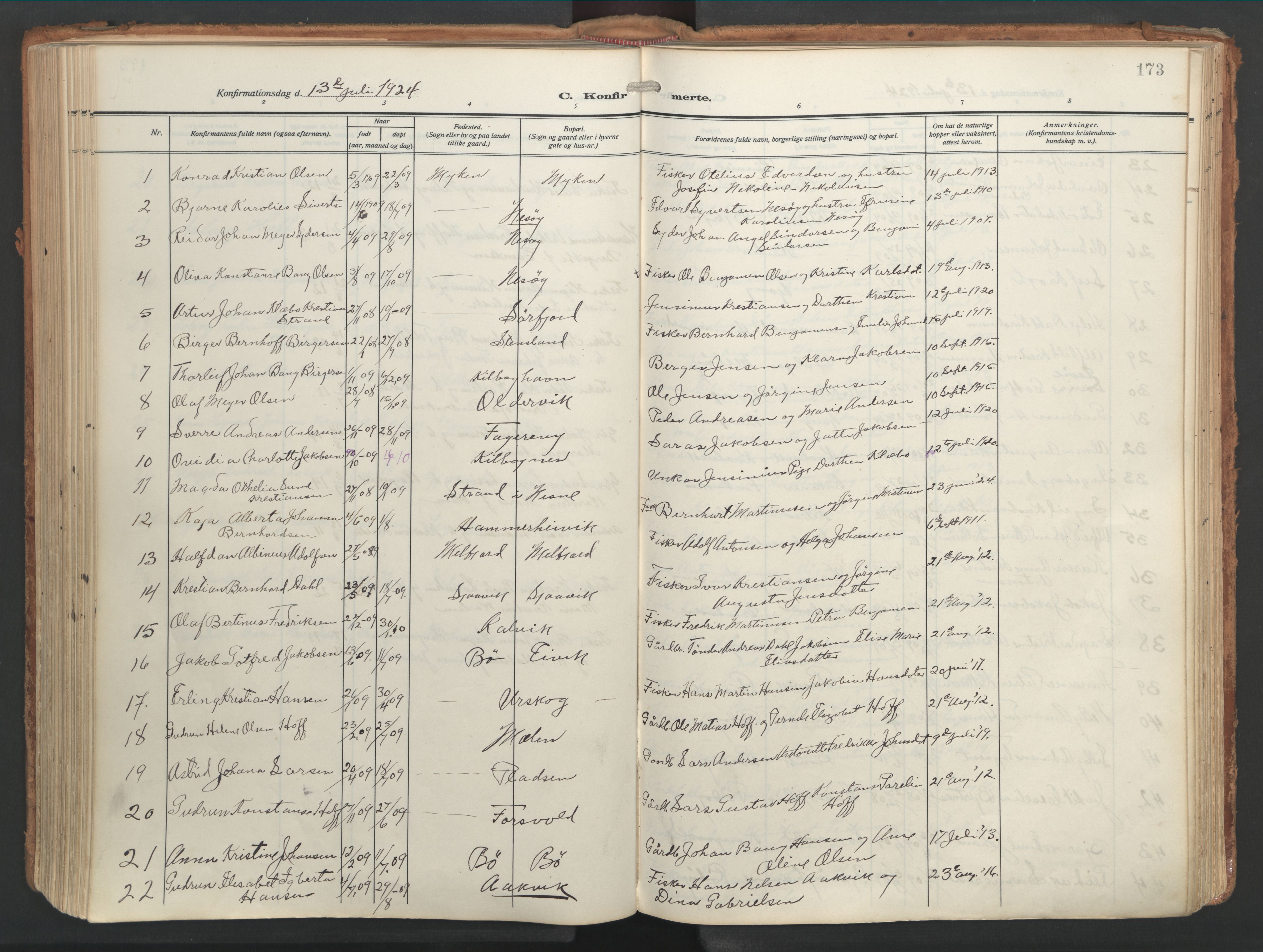 Ministerialprotokoller, klokkerbøker og fødselsregistre - Nordland, AV/SAT-A-1459/841/L0614: Parish register (official) no. 841A17, 1911-1925, p. 173