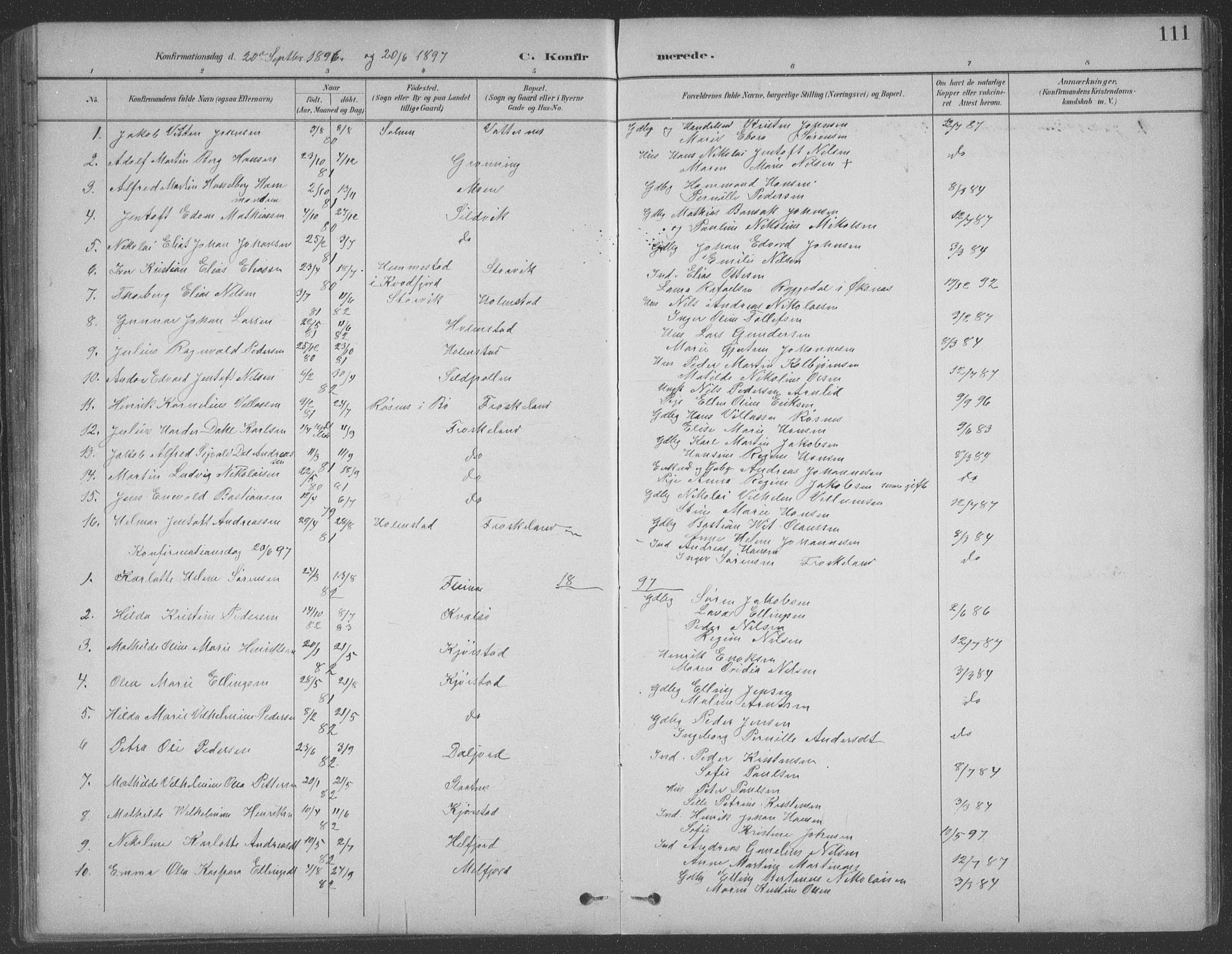 Ministerialprotokoller, klokkerbøker og fødselsregistre - Nordland, AV/SAT-A-1459/890/L1290: Parish register (copy) no. 890C01, 1882-1911, p. 111