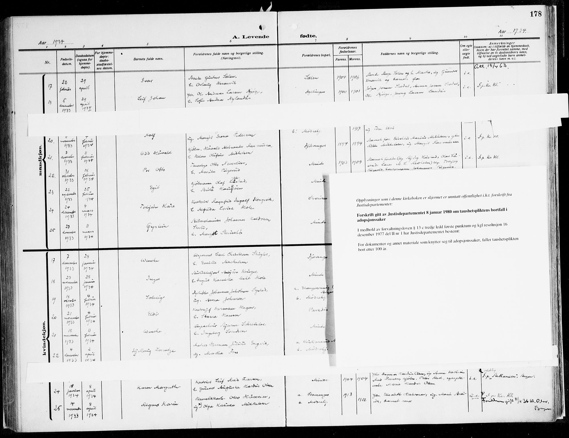 Fana Sokneprestembete, AV/SAB-A-75101/H/Haa/Haaj/L0001: Parish register (official) no. J 1, 1921-1935, p. 178