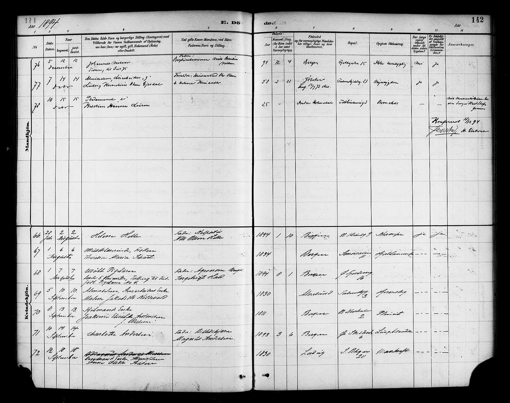 Korskirken sokneprestembete, SAB/A-76101/H/Haa/L0047: Parish register (official) no. E 5, 1884-1910, p. 142