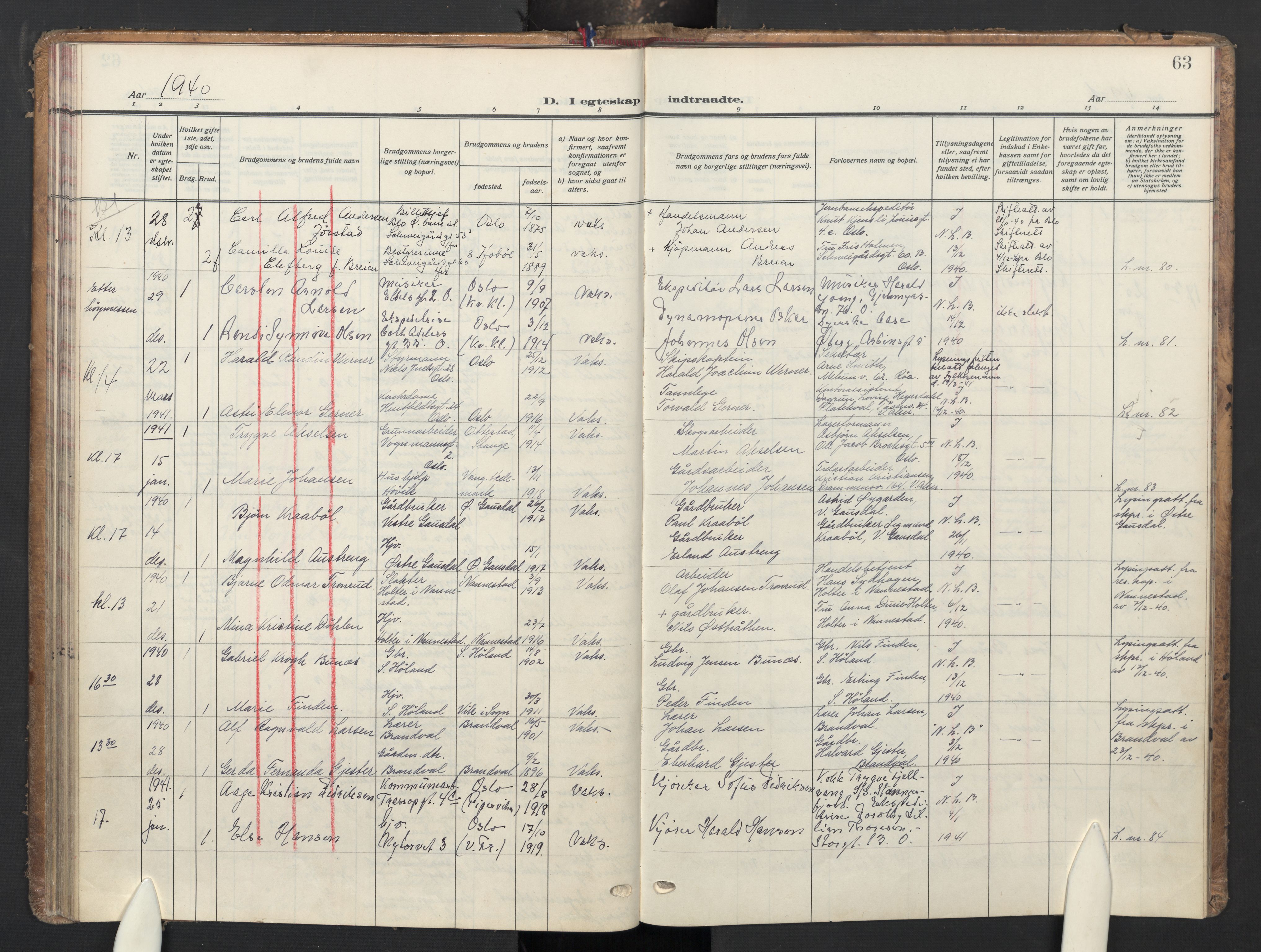 Oslo domkirke Kirkebøker, AV/SAO-A-10752/G/Ga/L0007: Parish register (copy) no. 7, 1937-1951, p. 63