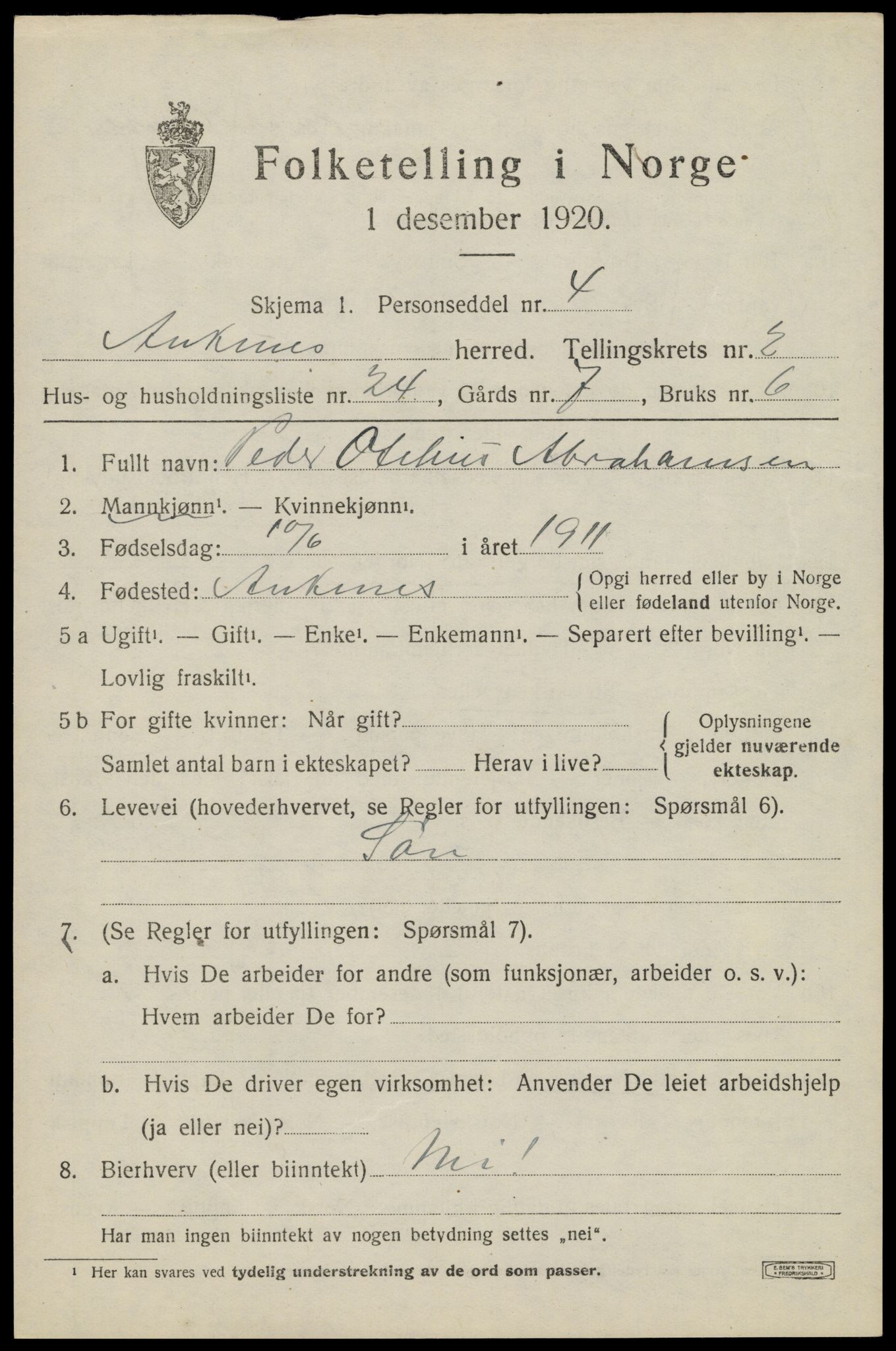 SAT, 1920 census for Ankenes, 1920, p. 1695