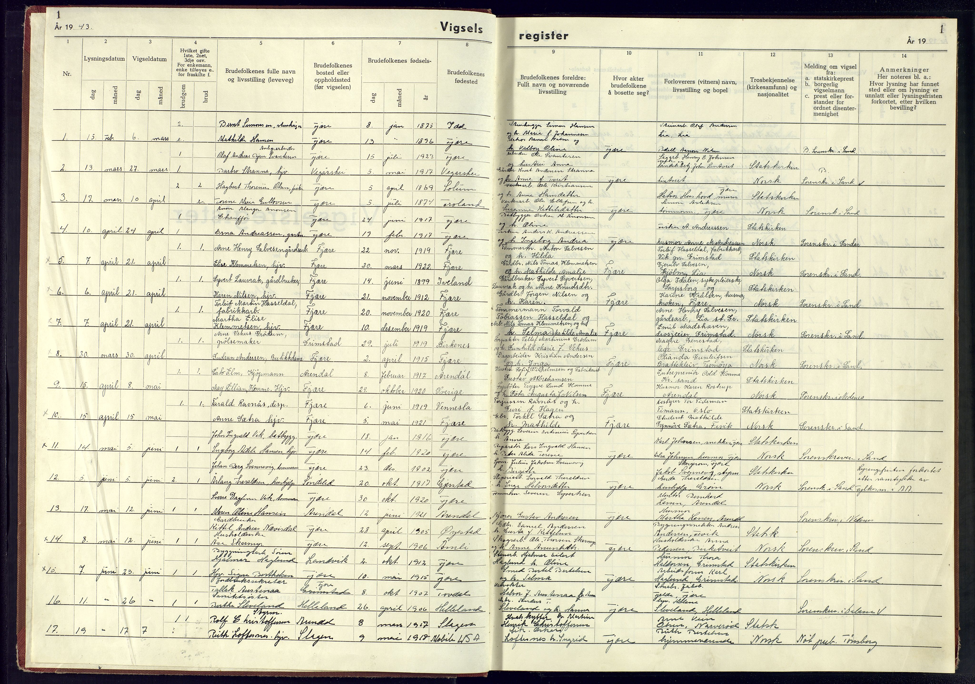 Fjære sokneprestkontor, SAK/1111-0011/J/Je/L0002: Marriage register no. 2, 1943-1945, p. 1