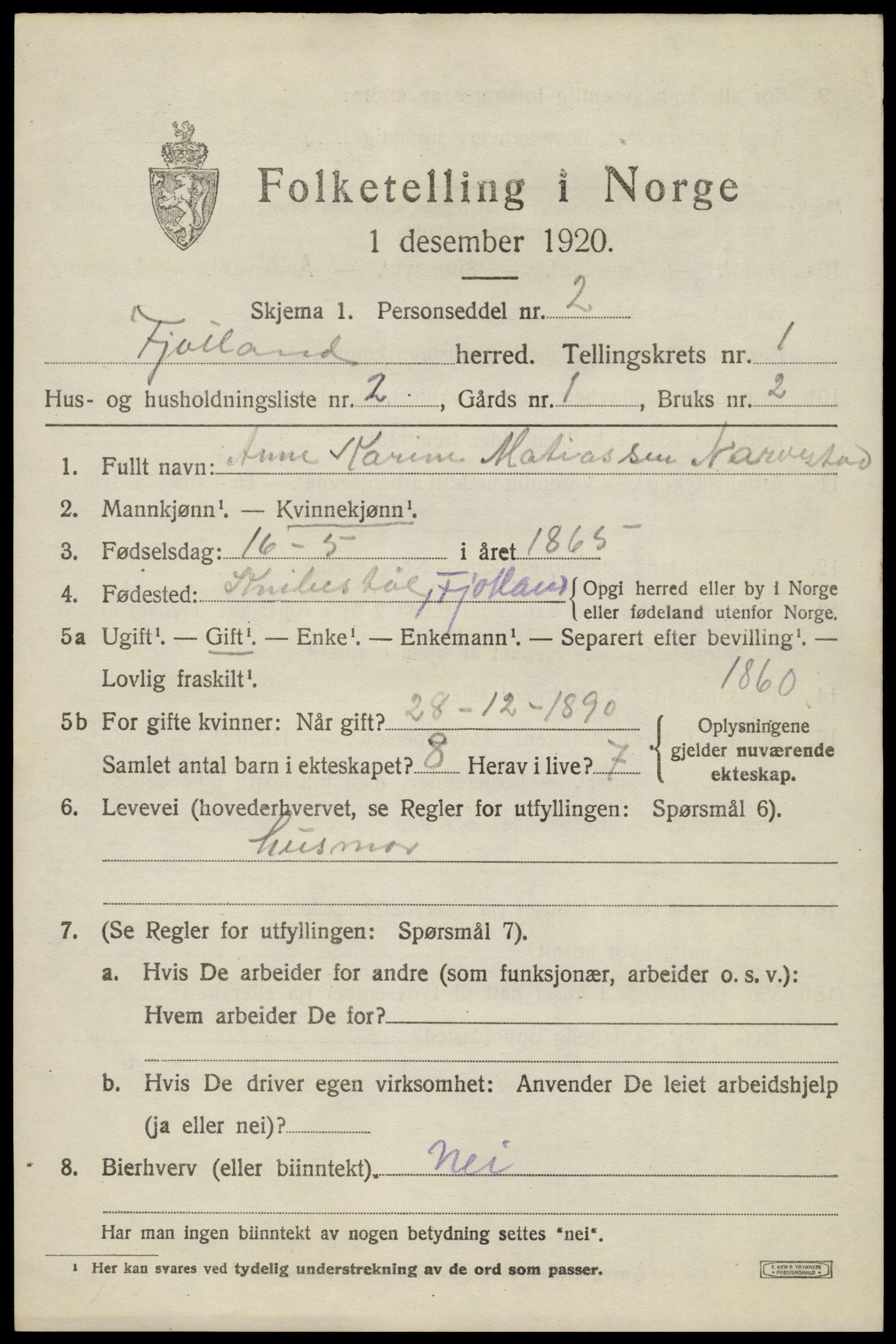 SAK, 1920 census for Fjotland, 1920, p. 432