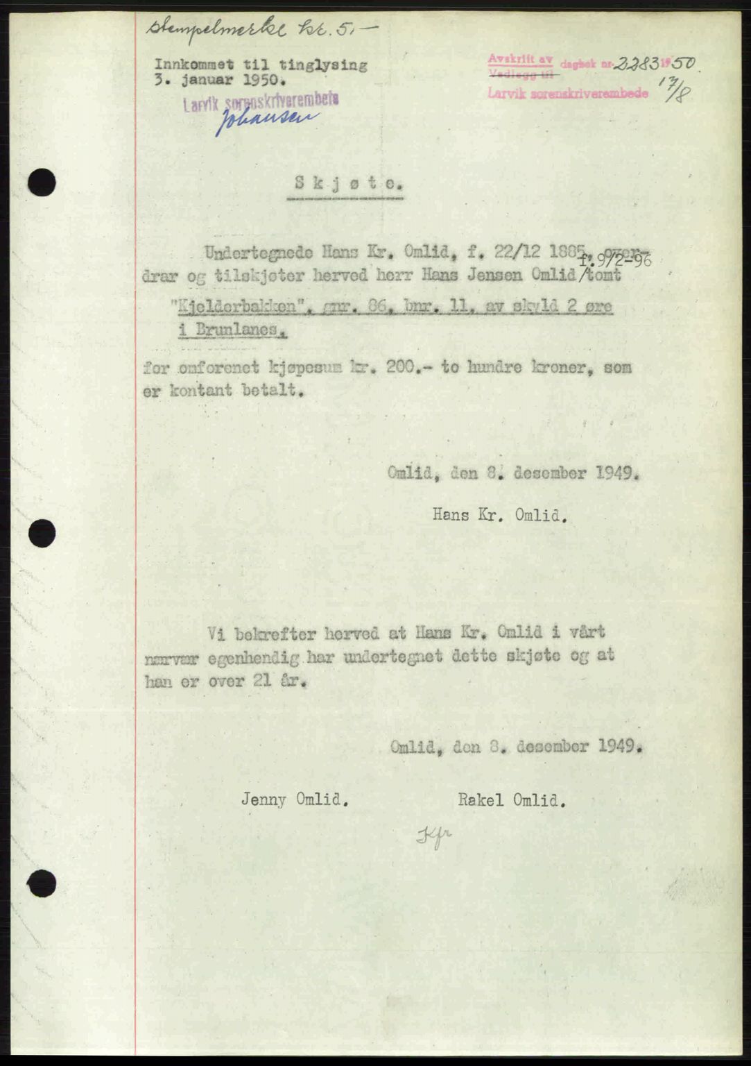 Larvik sorenskriveri, AV/SAKO-A-83/G/Ga/Gab/L0092: Mortgage book no. A-26, 1950-1950, Diary no: : 2283/1950