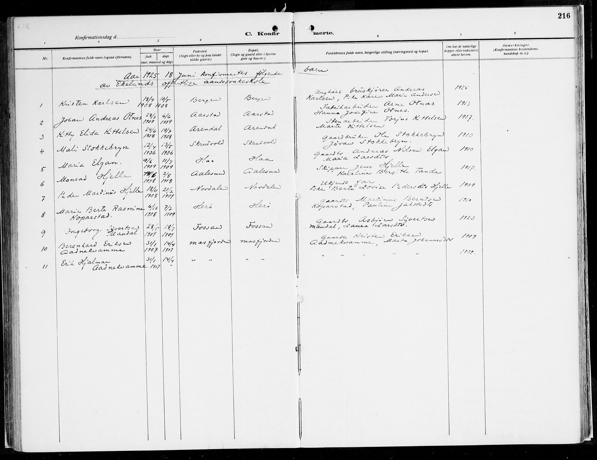 Fana Sokneprestembete, AV/SAB-A-75101/H/Haa/Haaj/L0001: Parish register (official) no. J 1, 1921-1935, p. 216