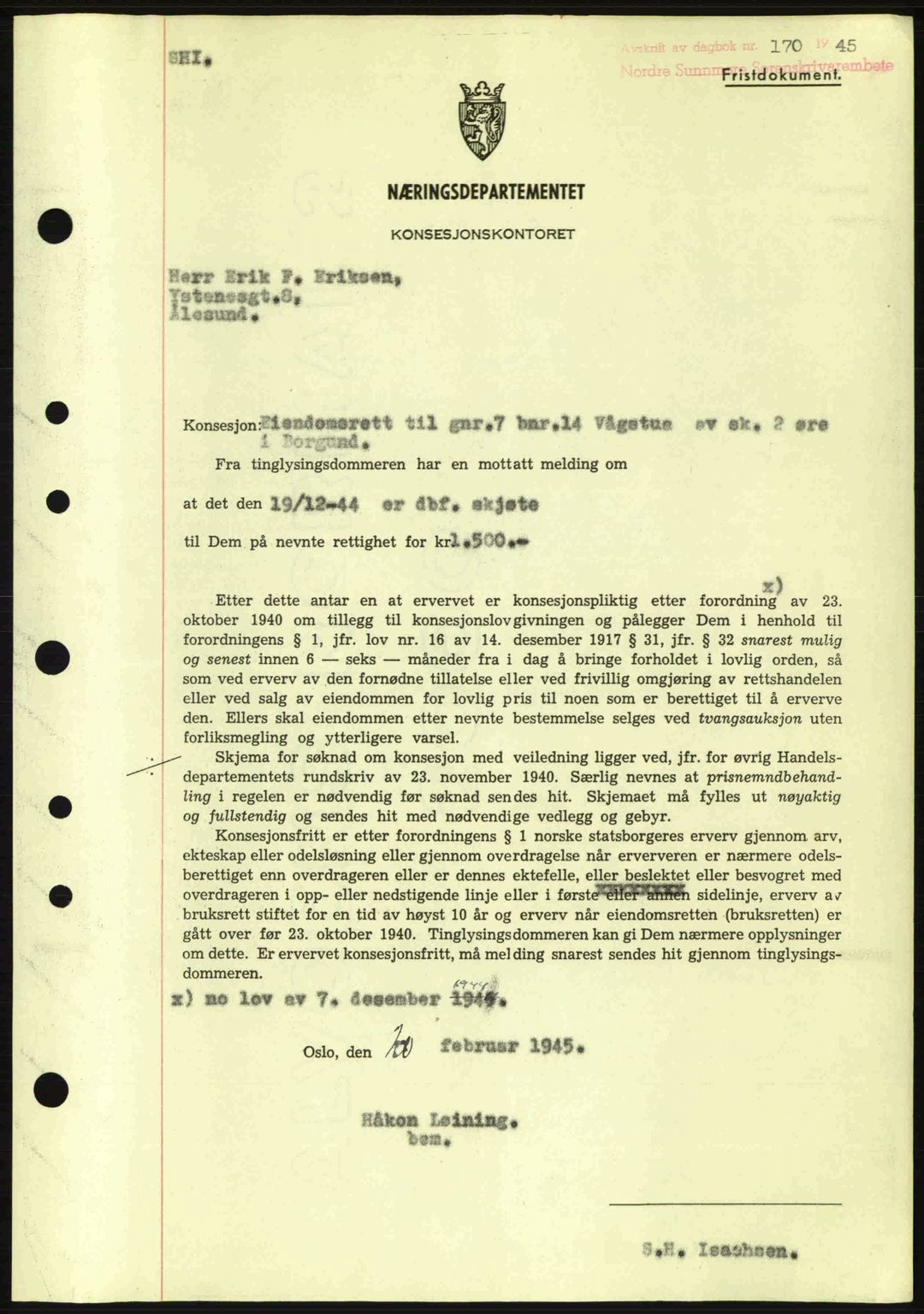 Nordre Sunnmøre sorenskriveri, SAT/A-0006/1/2/2C/2Ca: Mortgage book no. B6-14 a, 1942-1945, Diary no: : 170/1945