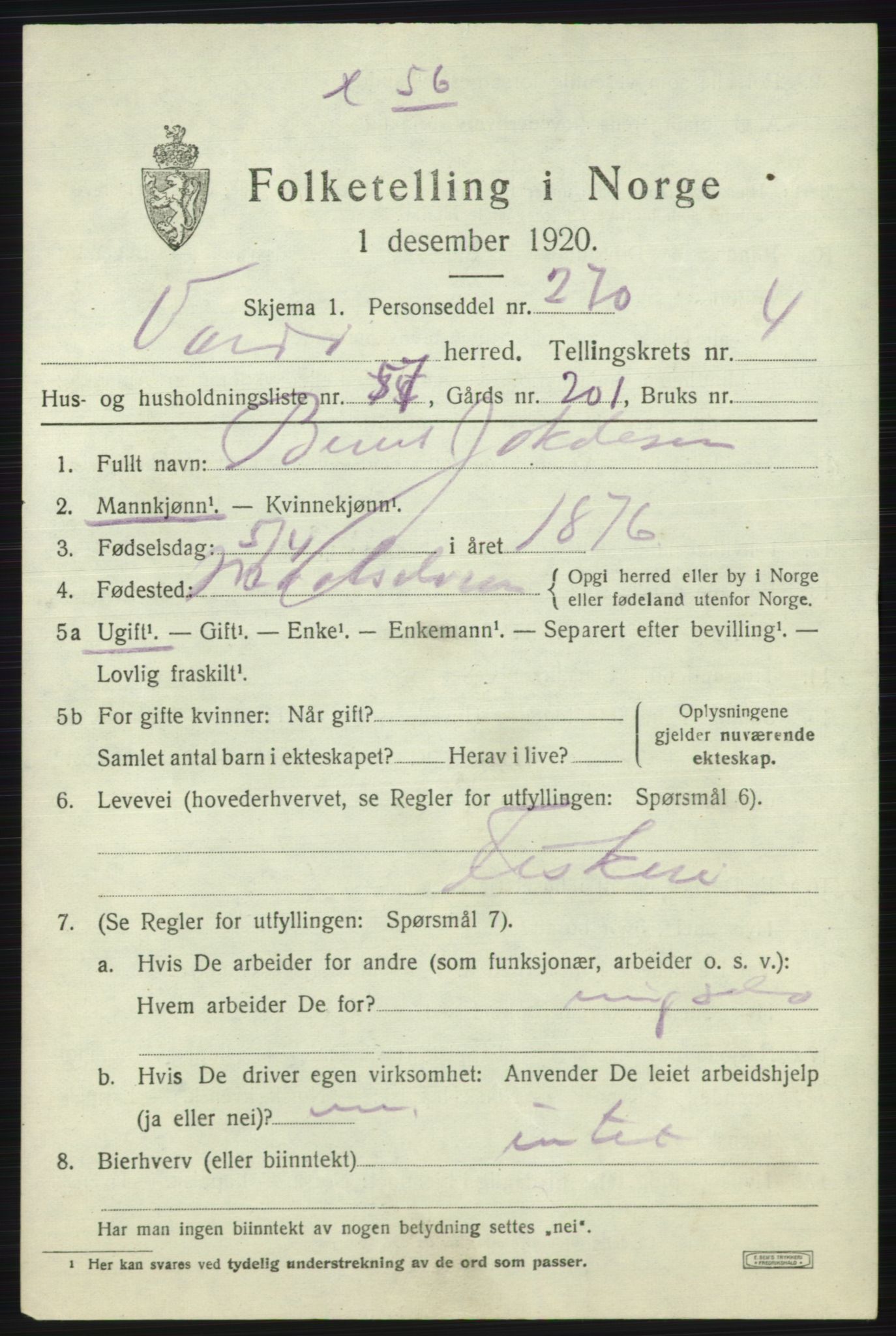 SATØ, 1920 census for Vardø rural district, 1920, p. 2574