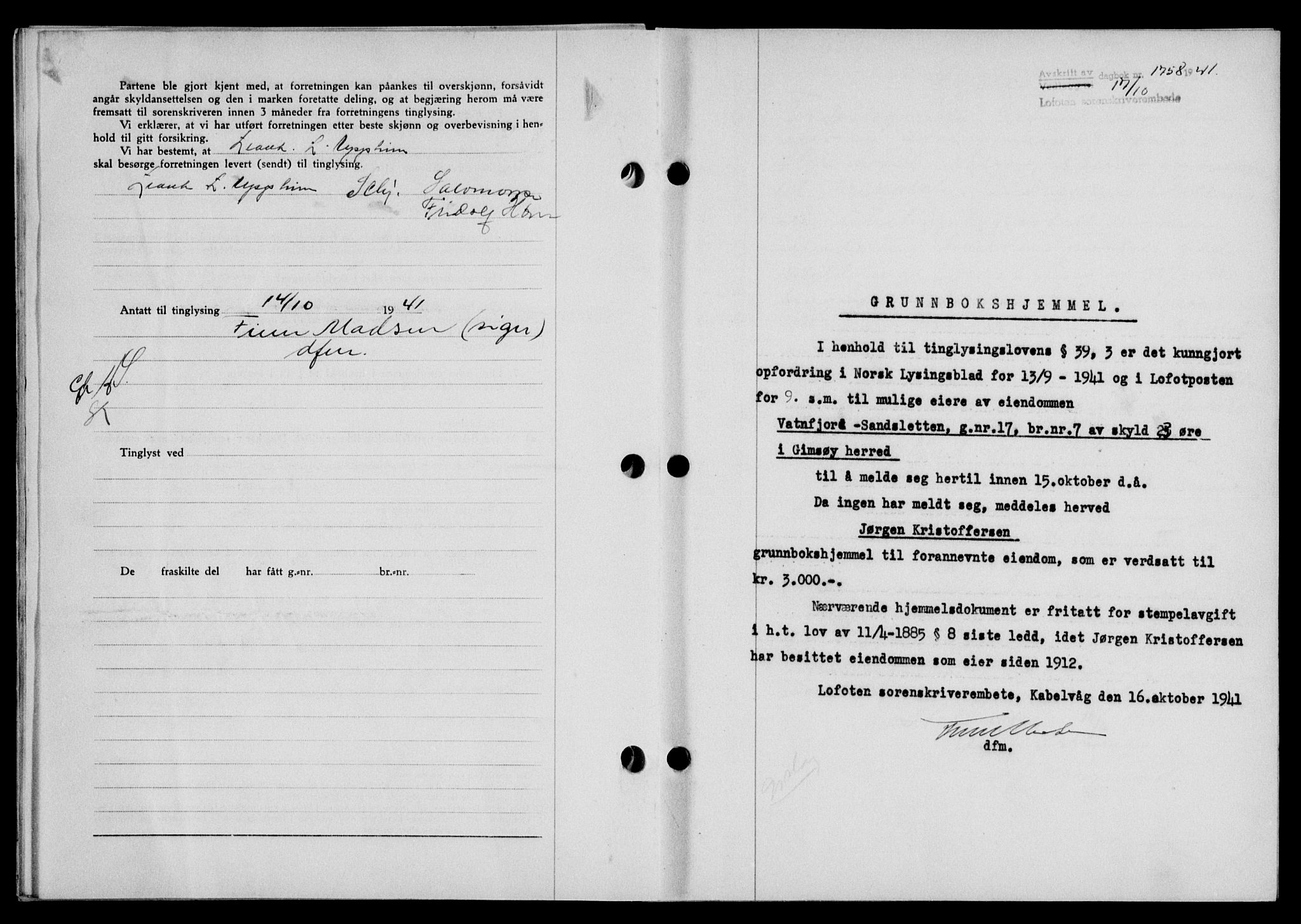 Lofoten sorenskriveri, SAT/A-0017/1/2/2C/L0009a: Mortgage book no. 9a, 1941-1942, Diary no: : 1758/1941