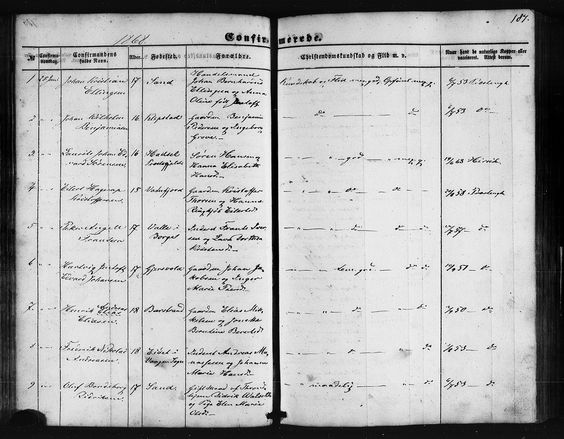 Ministerialprotokoller, klokkerbøker og fødselsregistre - Nordland, AV/SAT-A-1459/876/L1095: Parish register (official) no. 876A01, 1863-1885, p. 187