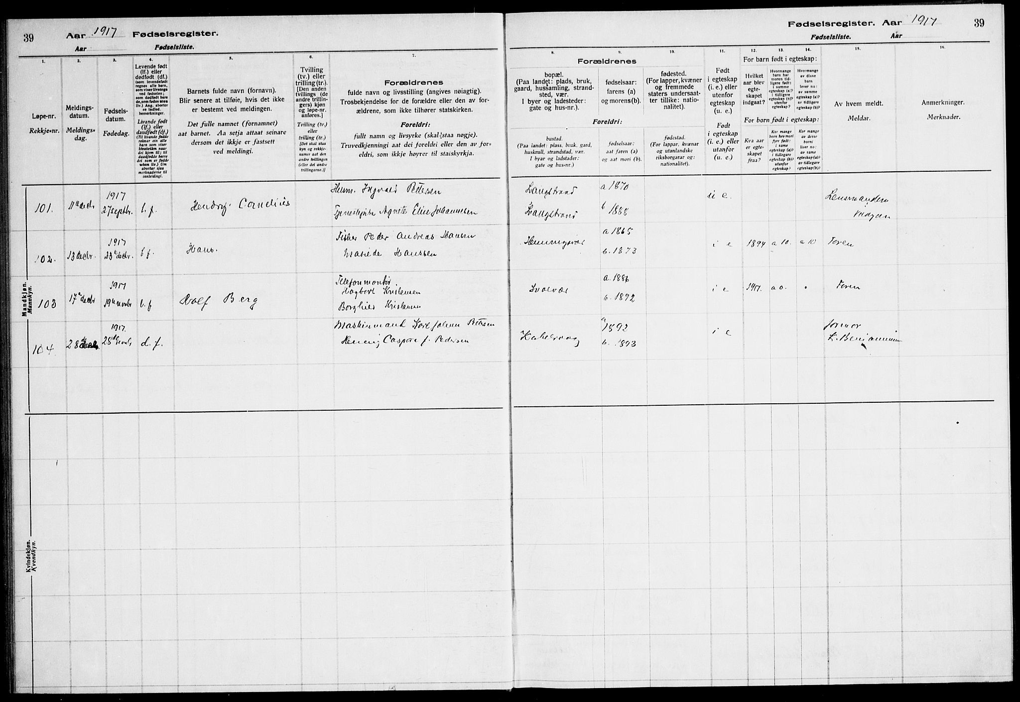 Ministerialprotokoller, klokkerbøker og fødselsregistre - Nordland, AV/SAT-A-1459/874/L1089: Birth register no. 874.II.4.1, 1916-1926, p. 39