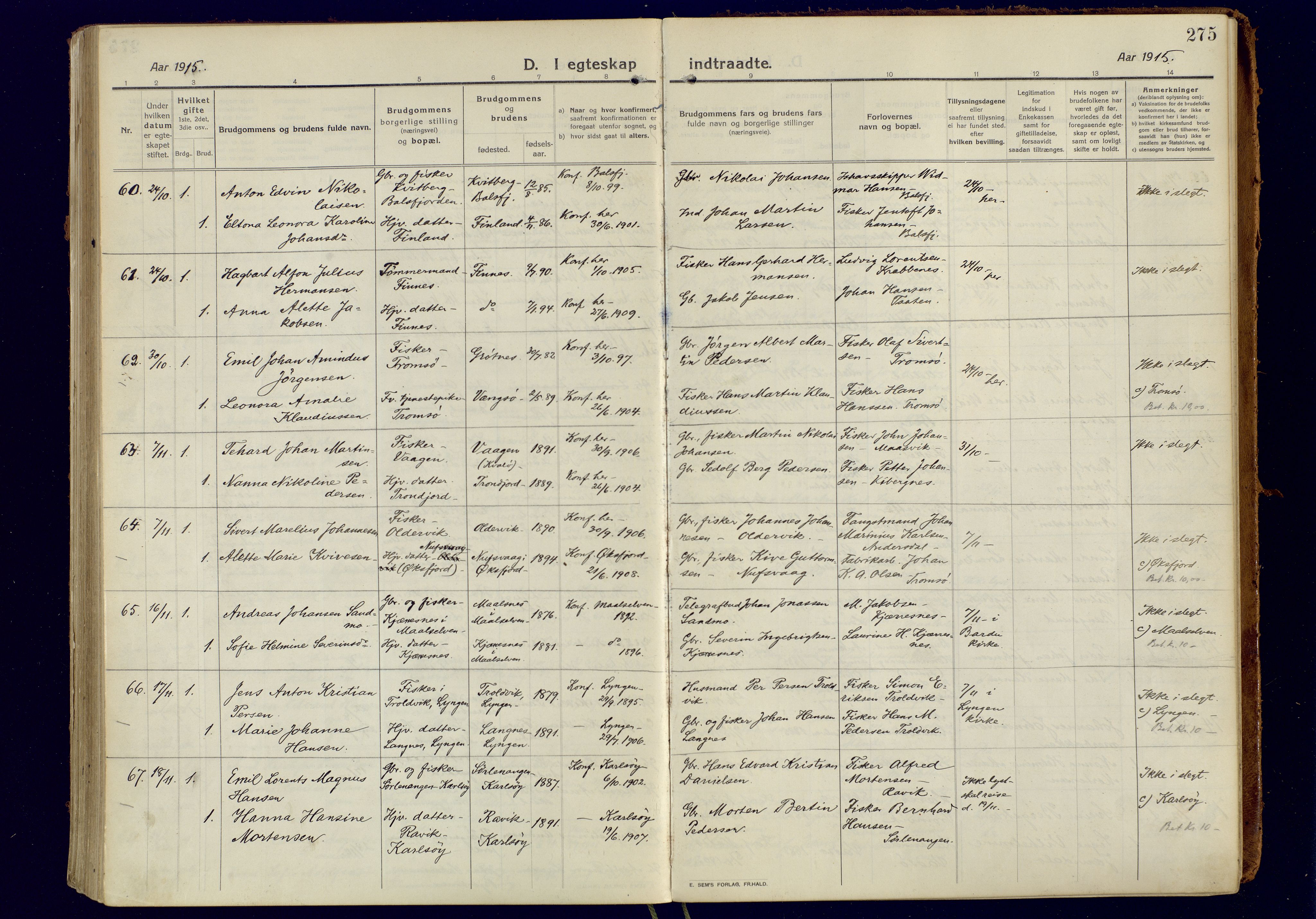 Tromsøysund sokneprestkontor, AV/SATØ-S-1304/G/Ga/L0008kirke: Parish register (official) no. 8, 1914-1922, p. 275