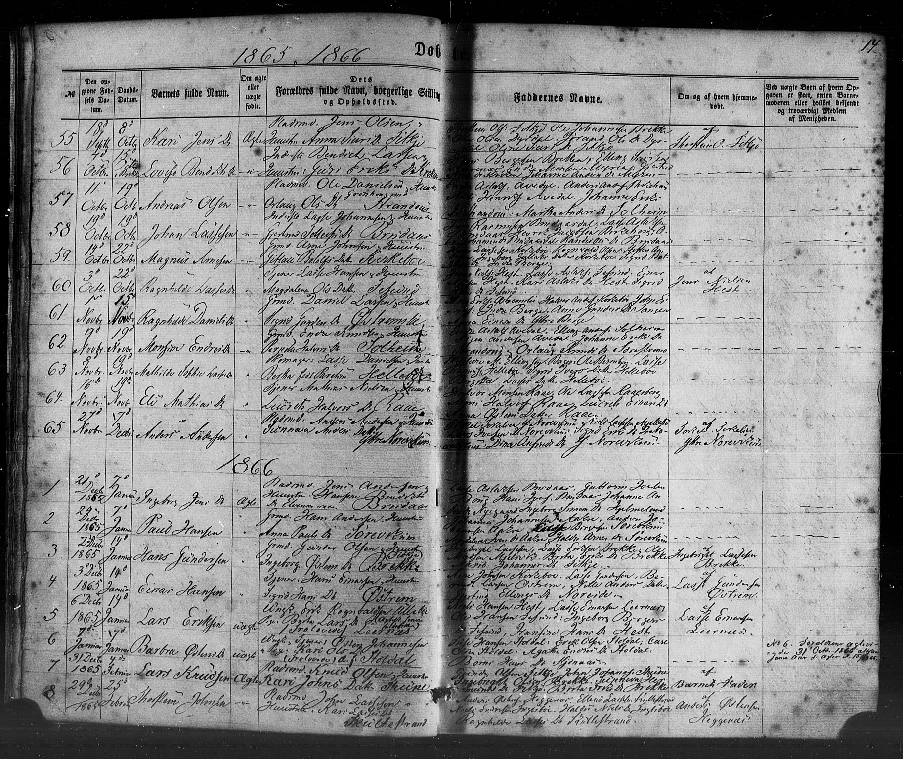 Lavik sokneprestembete, SAB/A-80901: Parish register (official) no. A 4, 1864-1881, p. 14