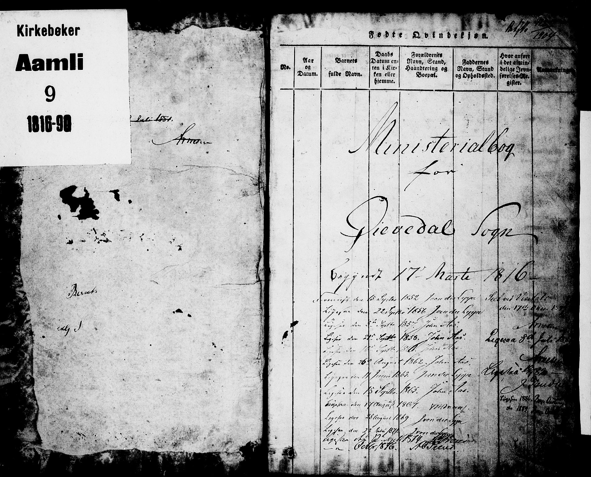 Åmli sokneprestkontor, SAK/1111-0050/F/Fb/Fba/L0001: Parish register (copy) no. B 1, 1816-1890