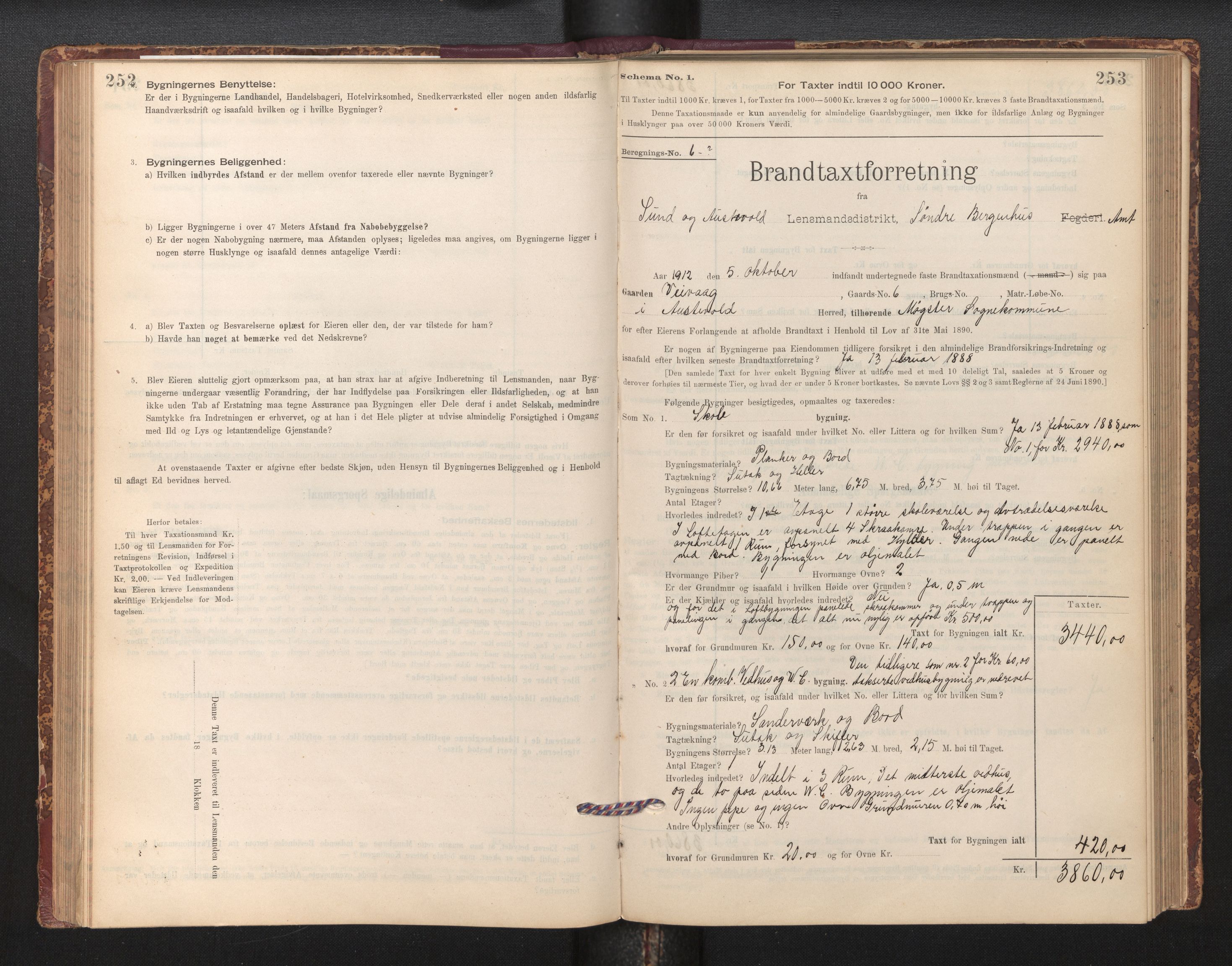 Lensmannen i Sund og Austevoll, SAB/A-35201/0012/L0003: Branntakstprotokoll, skjematakst, 1894-1917, p. 252-253