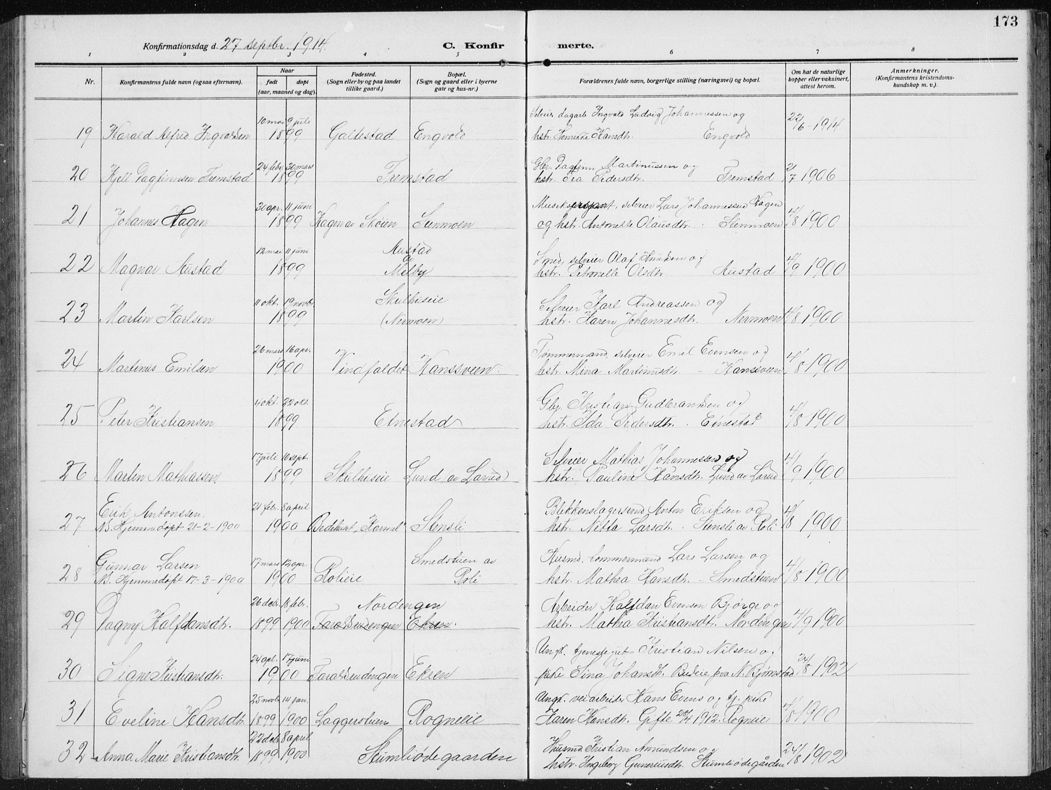 Biri prestekontor, SAH/PREST-096/H/Ha/Hab/L0006: Parish register (copy) no. 6, 1909-1938, p. 173