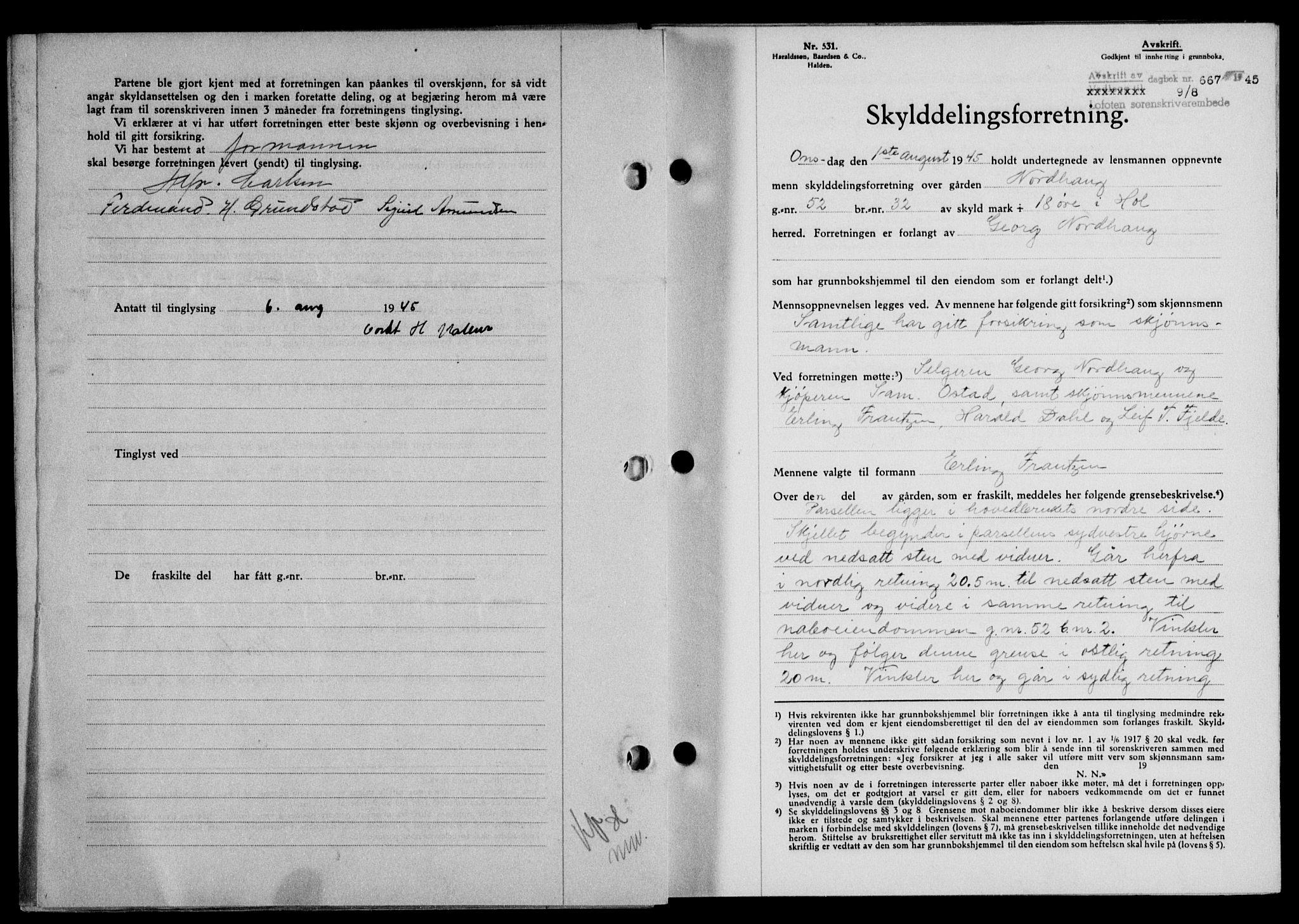 Lofoten sorenskriveri, SAT/A-0017/1/2/2C/L0013a: Mortgage book no. 13a, 1944-1946, Diary no: : 667/1945