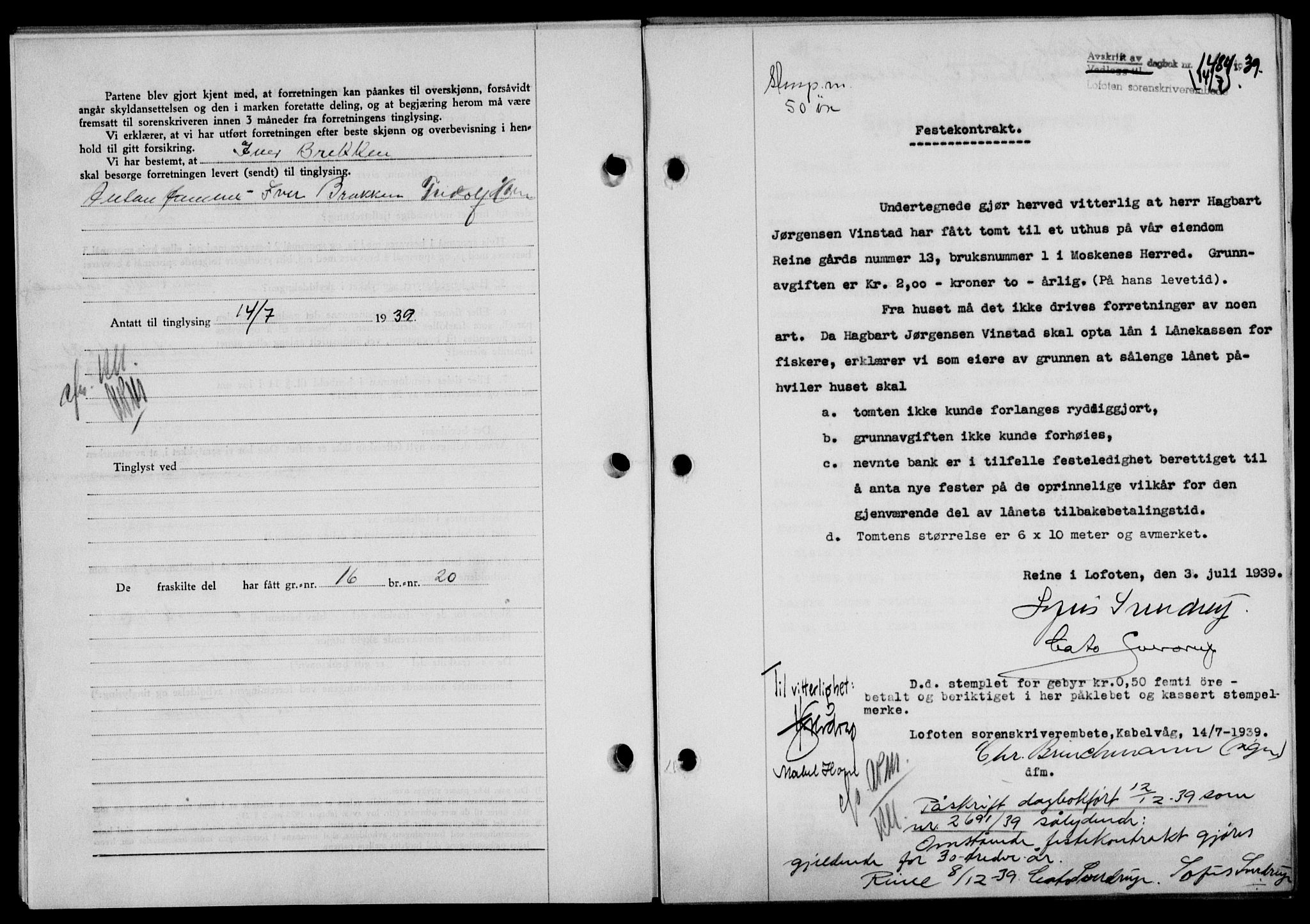 Lofoten sorenskriveri, SAT/A-0017/1/2/2C/L0006a: Mortgage book no. 6a, 1939-1939, Diary no: : 1484/1939