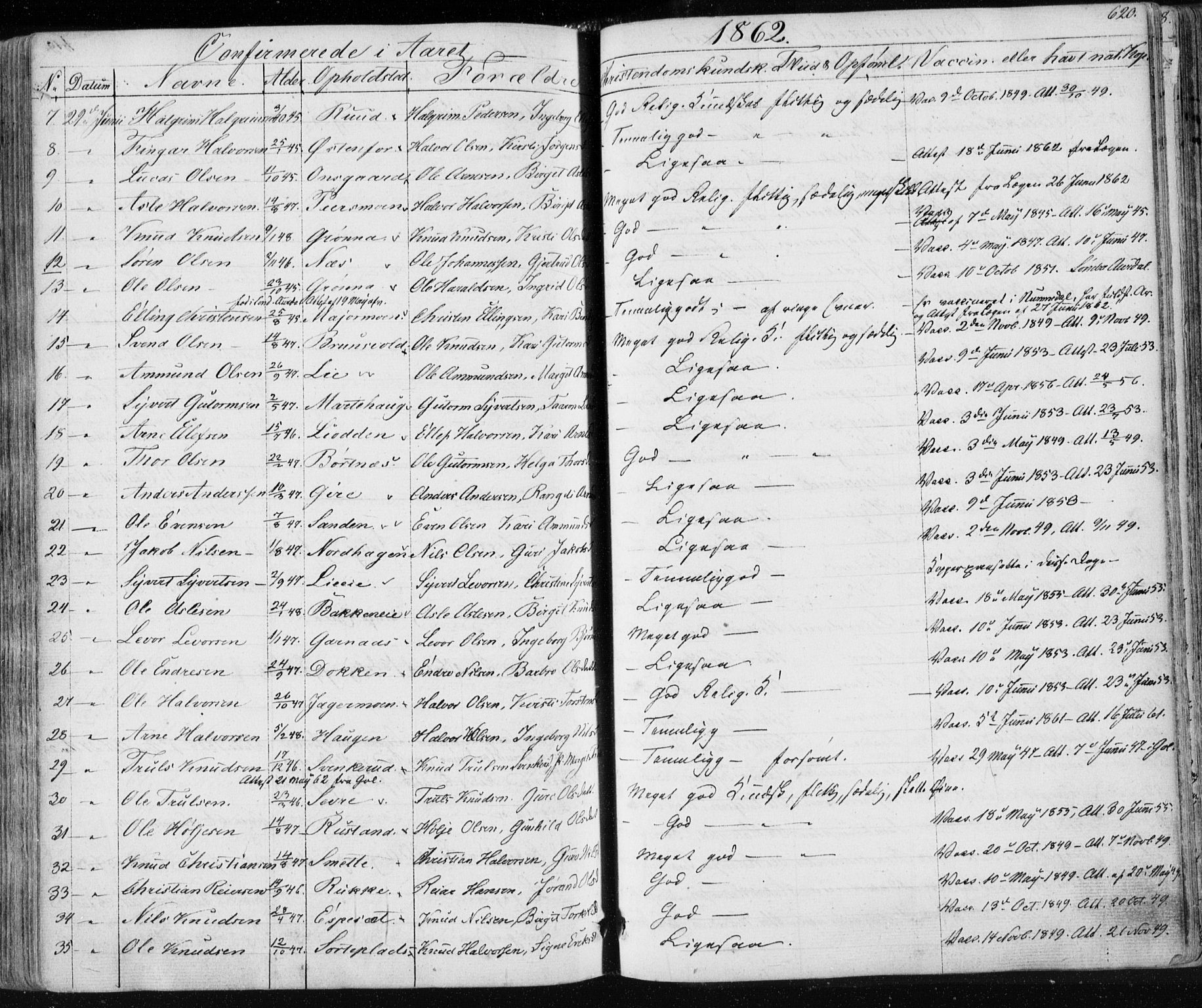 Nes kirkebøker, AV/SAKO-A-236/F/Fa/L0009: Parish register (official) no. 9, 1834-1863, p. 620