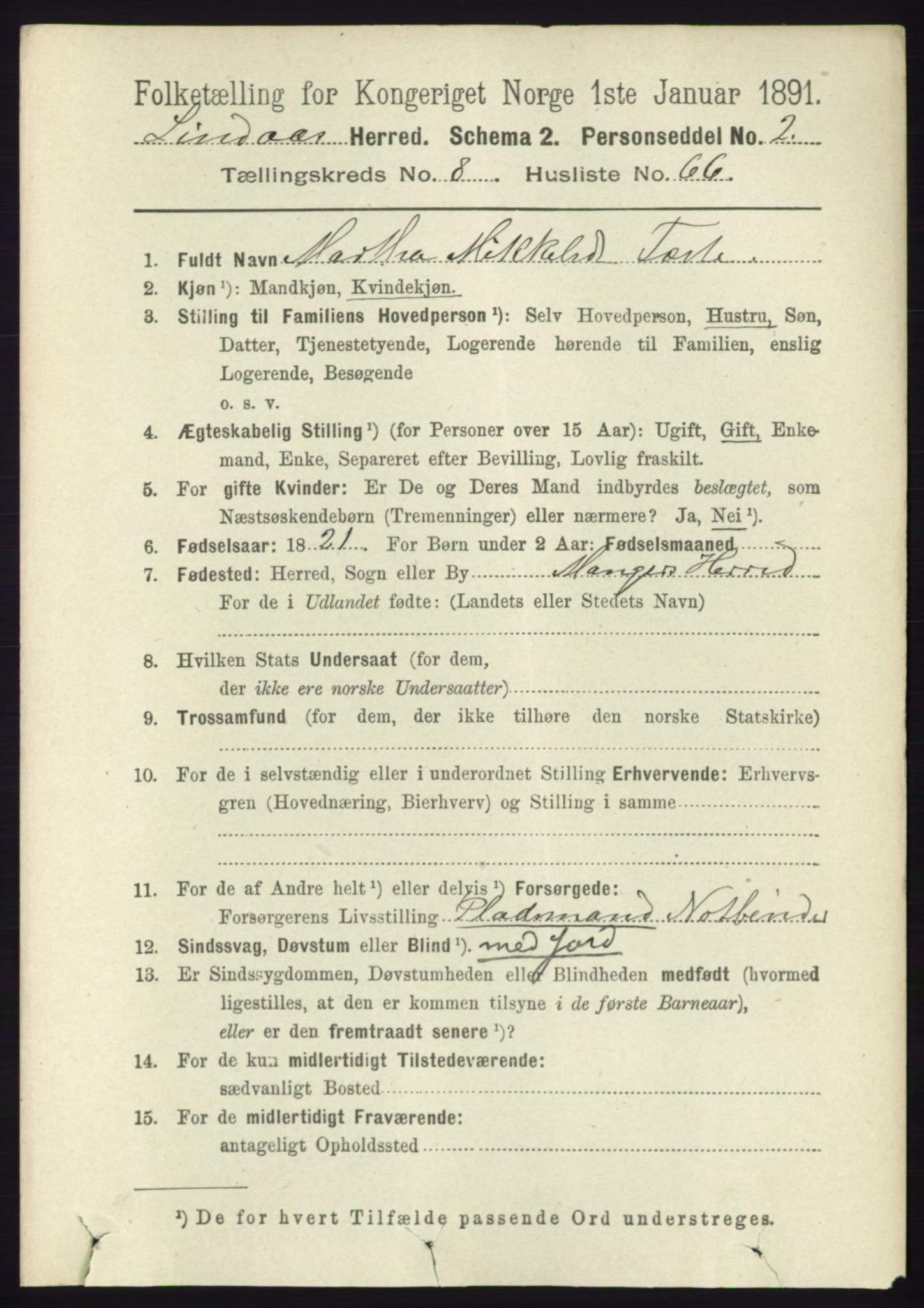 RA, 1891 census for 1263 Lindås, 1891, p. 2888