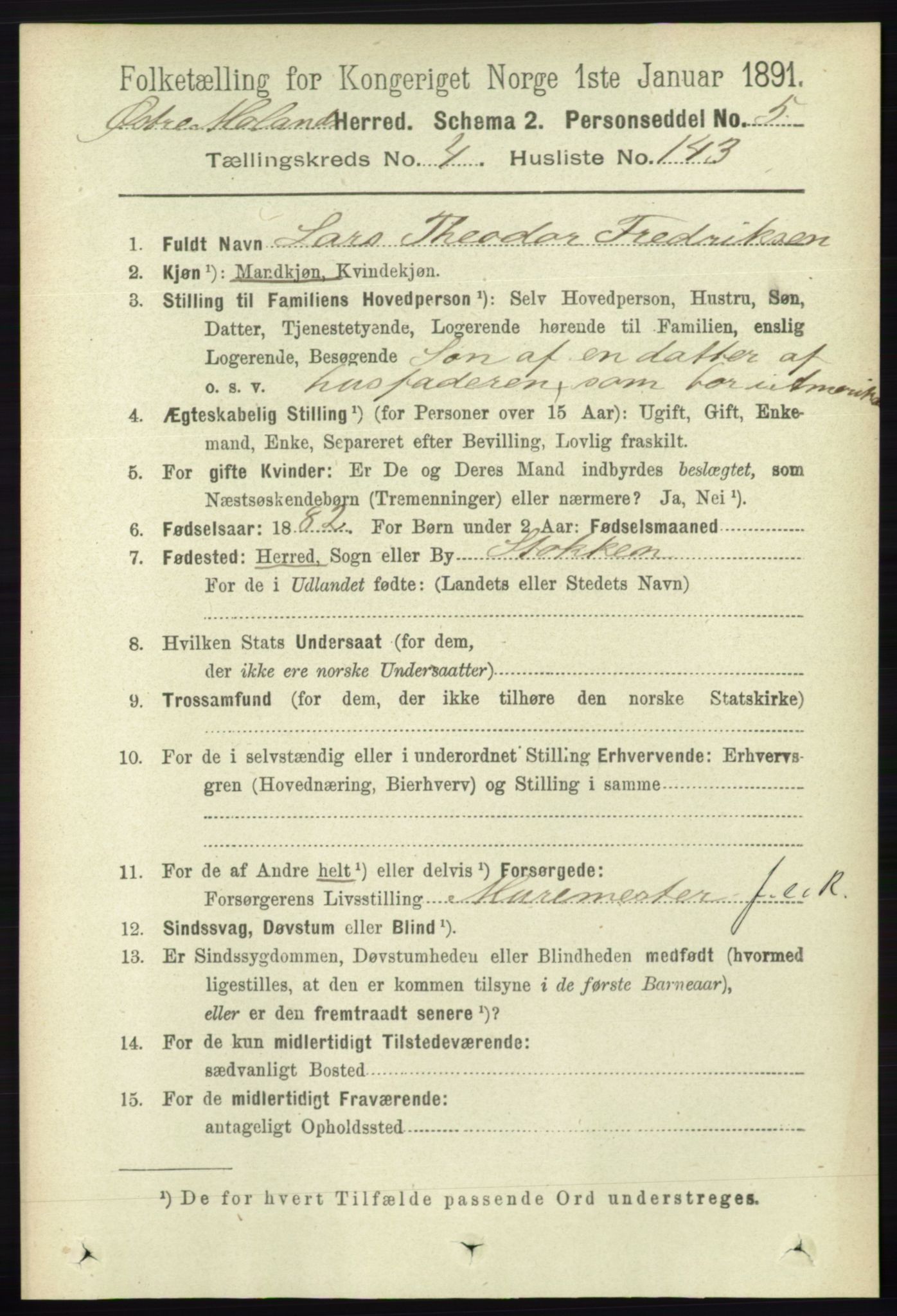 RA, 1891 census for 0918 Austre Moland, 1891, p. 2816