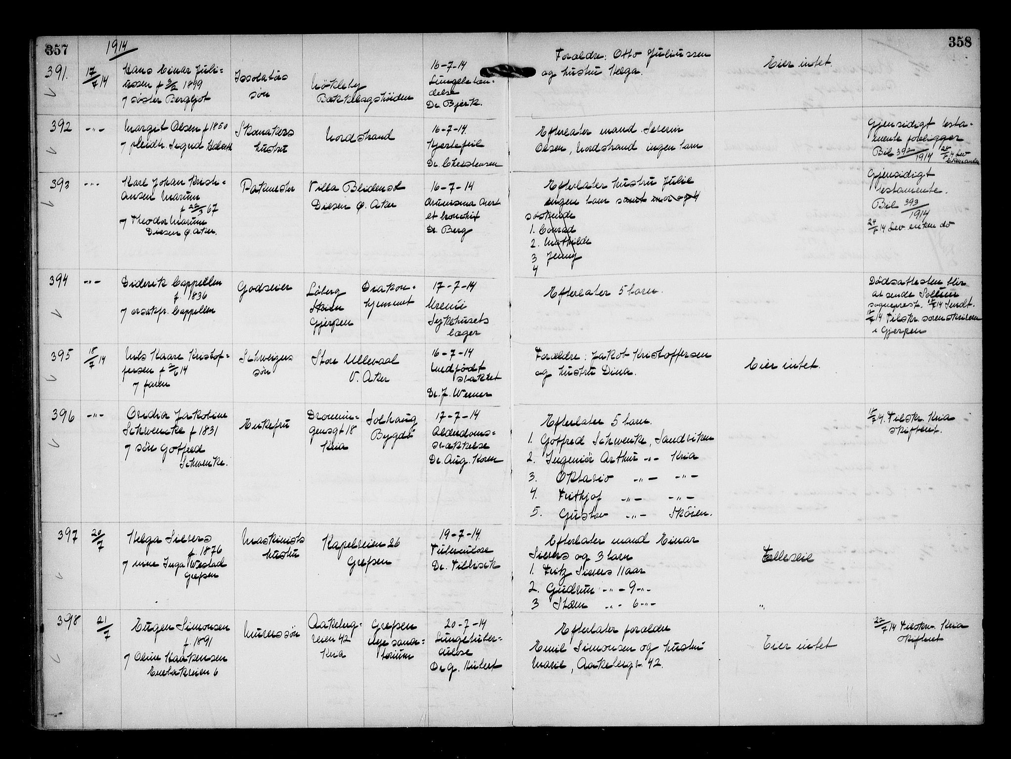 Aker kriminaldommer, skifte- og auksjonsforvalterembete, AV/SAO-A-10452/H/Hb/Hba/Hbaa/L0003: Dødsfallsprotokoll, 1912-1914, p. 357-358