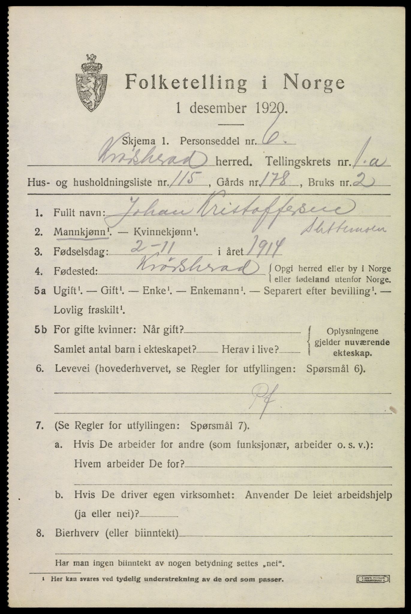 SAKO, 1920 census for Krødsherad, 1920, p. 2373