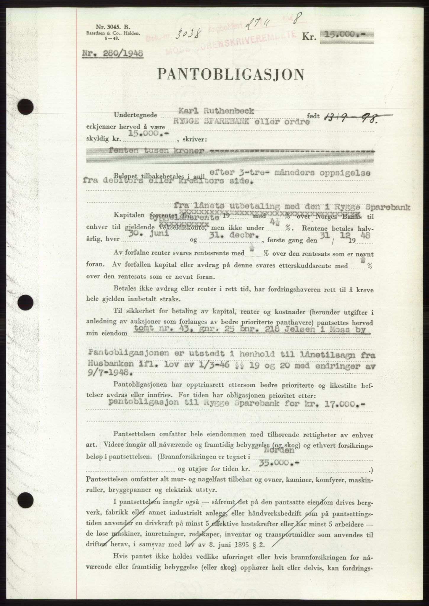 Moss sorenskriveri, AV/SAO-A-10168: Mortgage book no. B20, 1948-1948, Diary no: : 3038/1948