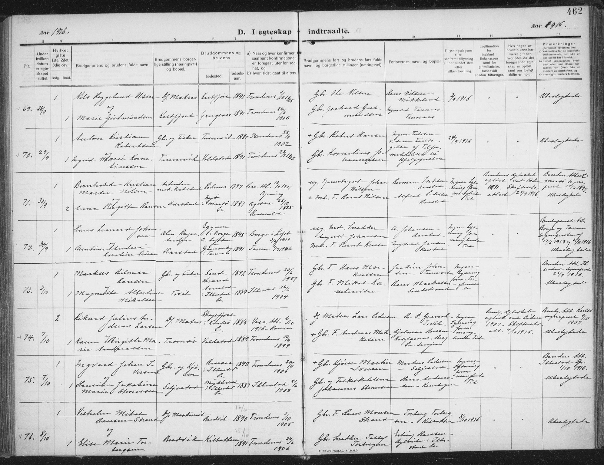 Trondenes sokneprestkontor, AV/SATØ-S-1319/H/Ha/L0018kirke: Parish register (official) no. 18, 1909-1918, p. 462