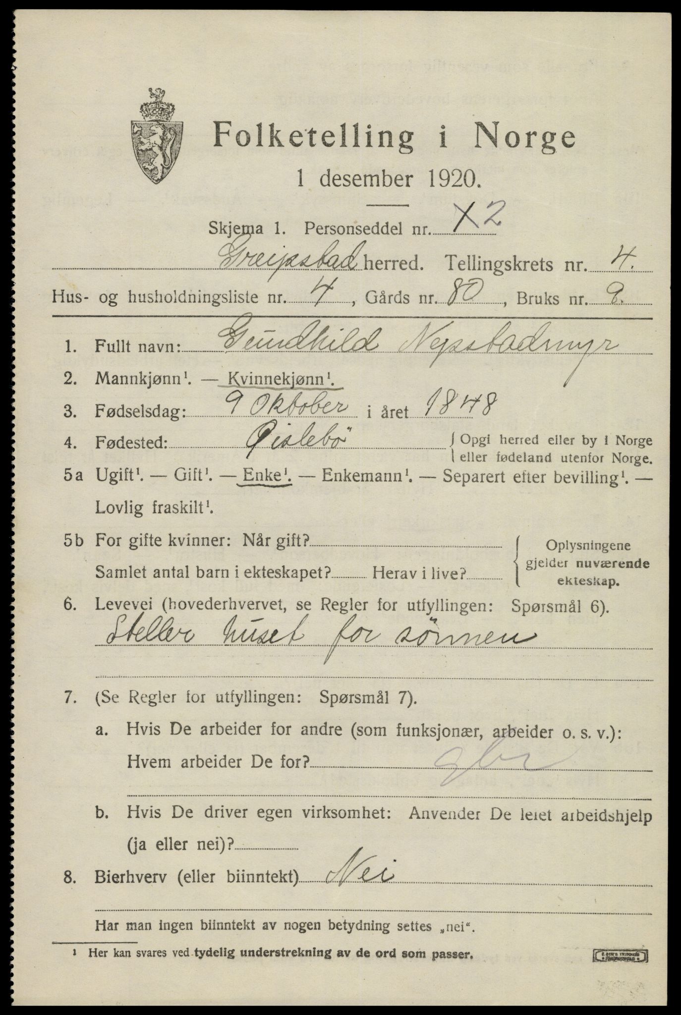 SAK, 1920 census for Greipstad, 1920, p. 1536