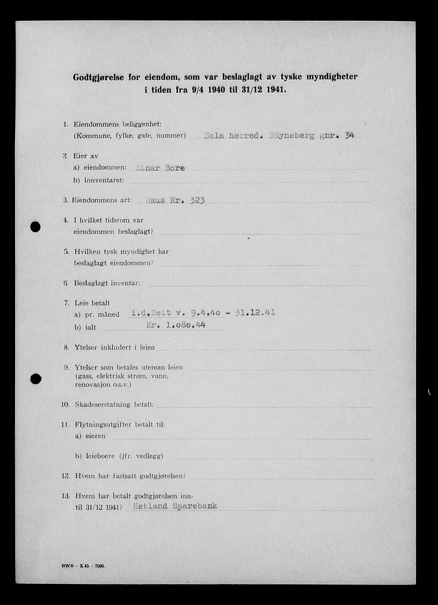 Justisdepartementet, Tilbakeføringskontoret for inndratte formuer, AV/RA-S-1564/I/L1014: Godtgjørelse for beslaglagt eiendom, 1940-1941, p. 190