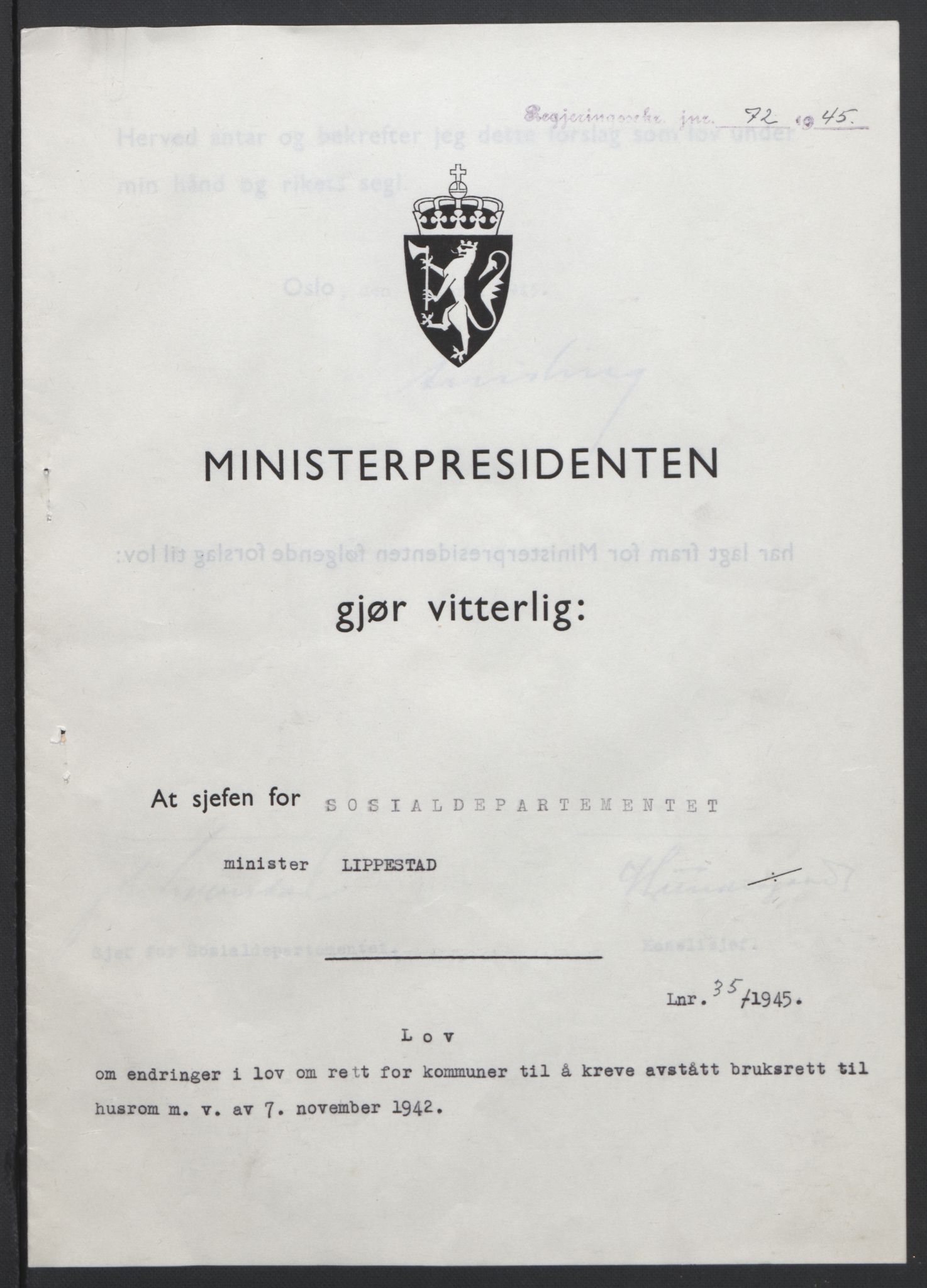 NS-administrasjonen 1940-1945 (Statsrådsekretariatet, de kommisariske statsråder mm), RA/S-4279/D/Db/L0101/0001: -- / Lover og vedtak, 1945, p. 141