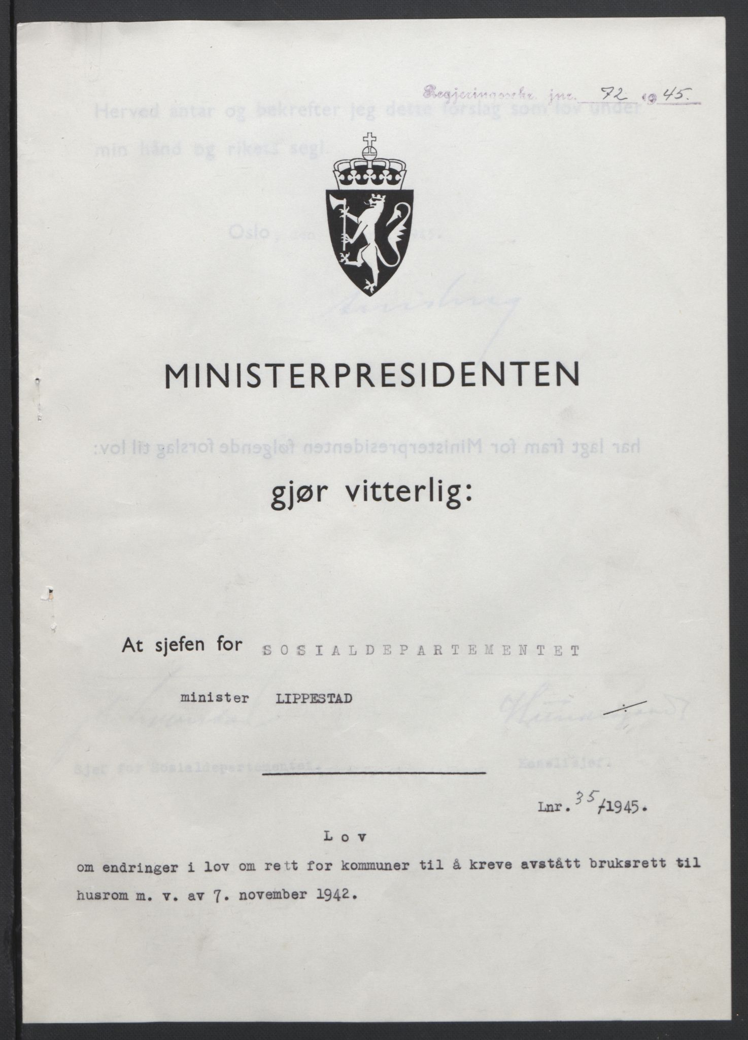 NS-administrasjonen 1940-1945 (Statsrådsekretariatet, de kommisariske statsråder mm), AV/RA-S-4279/D/Db/L0101/0001: -- / Lover og vedtak, 1945, p. 141