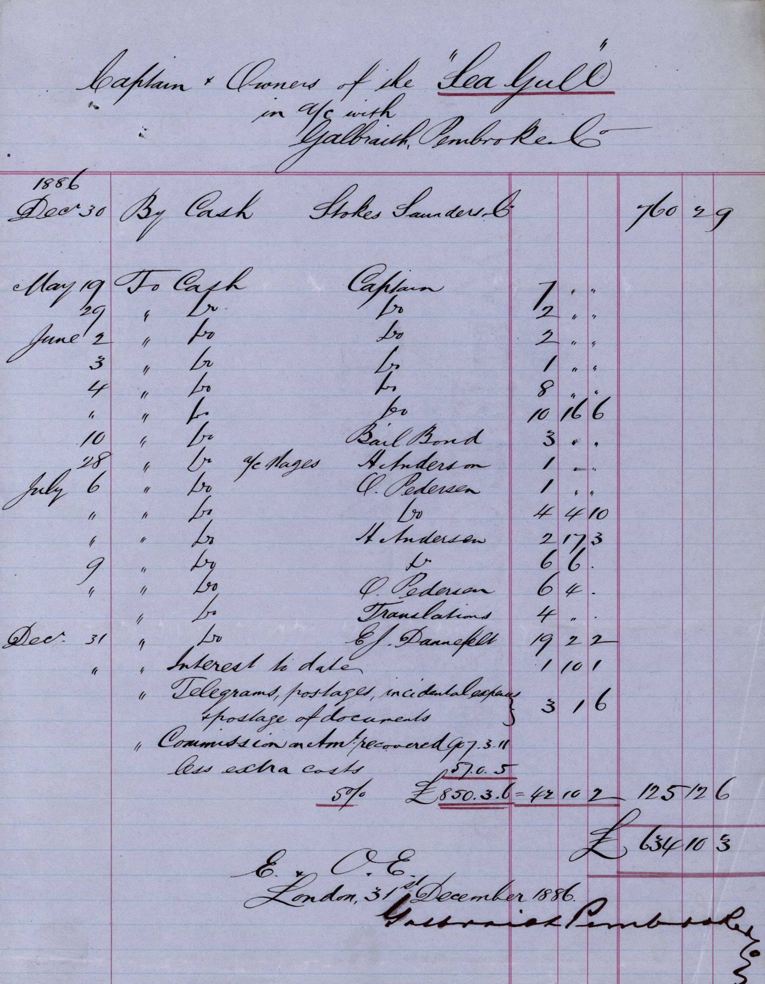 Pa 63 - Østlandske skibsassuranceforening, VEMU/A-1079/G/Ga/L0019/0009: Havaridokumenter / Føyenland, Glengairn, Granfos, Seagull, 1886, p. 94