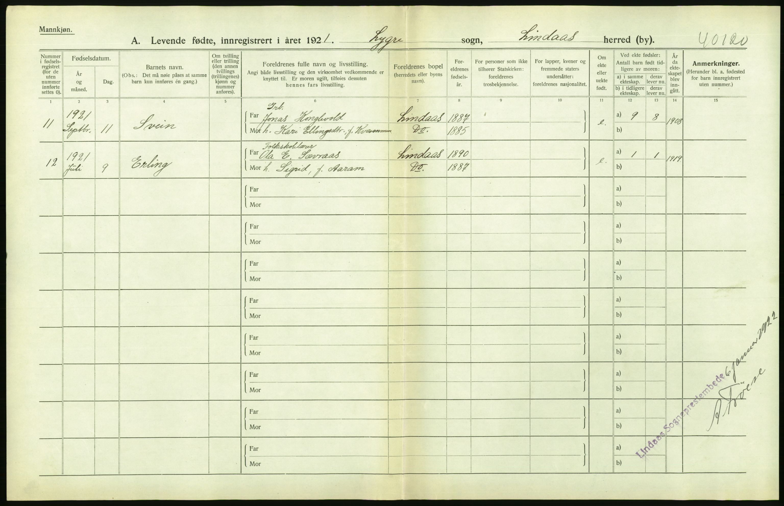 Statistisk sentralbyrå, Sosiodemografiske emner, Befolkning, AV/RA-S-2228/D/Df/Dfc/Dfca/L0031: Hordaland fylke: Levendefødte menn og kvinner. Bygder., 1921, p. 52